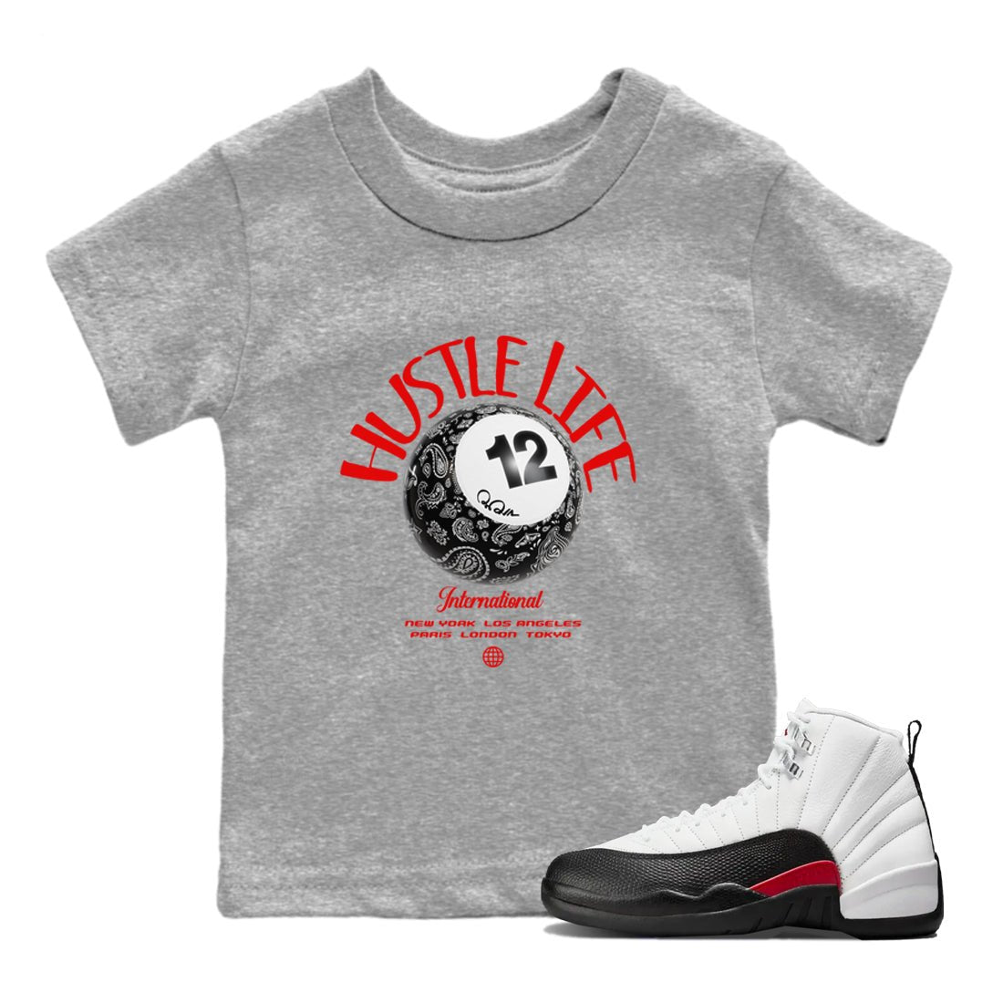 12s Taxi Flip shirts to match jordans Hustle Life sneaker match tees Air Jordan 12 Taxi Flip SNRT Sneaker Tees streetwear brand Baby and Youth Heather Grey 1 cotton tee