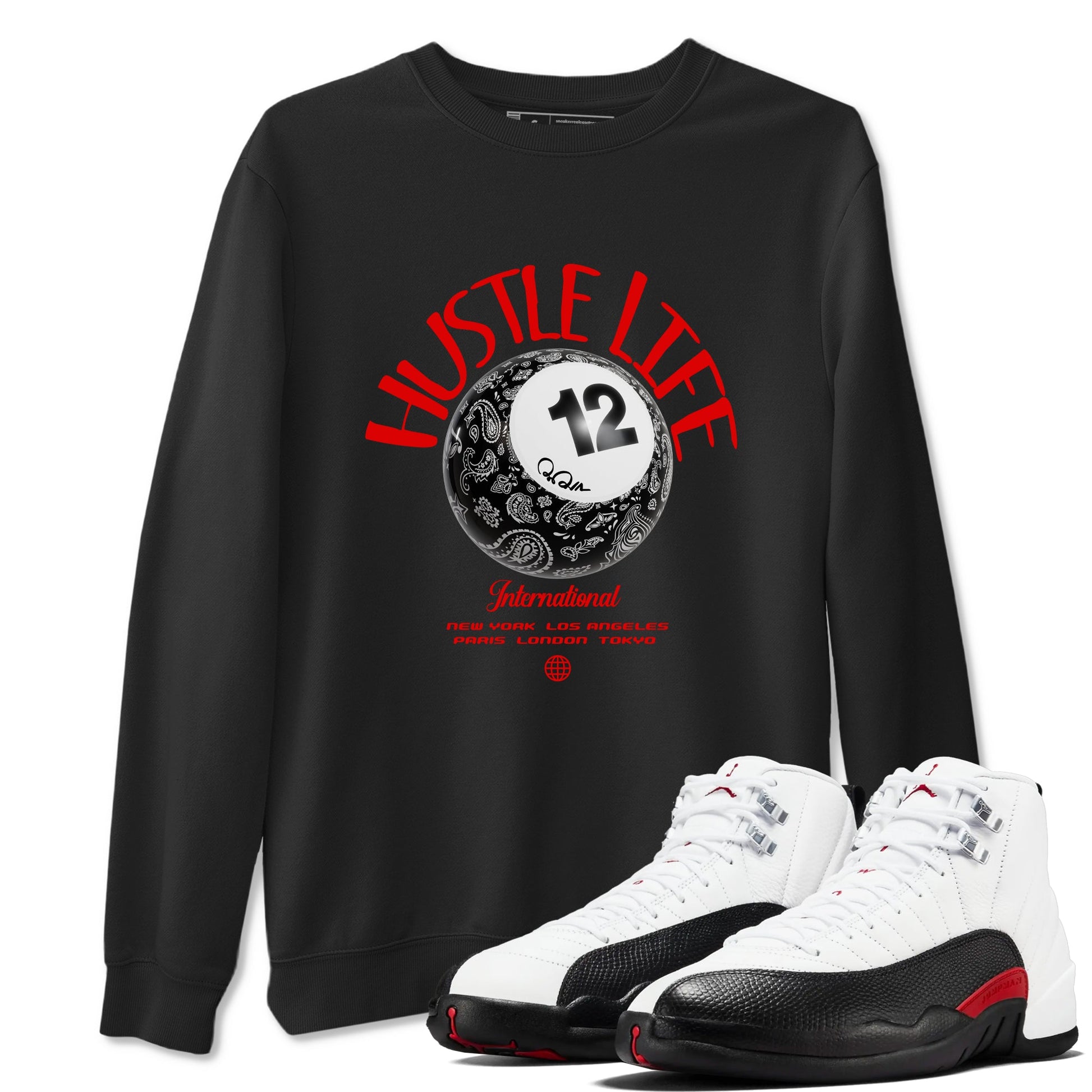 12s Taxi Flip shirts to match jordans Hustle Life sneaker match tees Air Jordan 12 Taxi Flip SNRT Sneaker Tees streetwear brand Black 1 unisex cotton tee