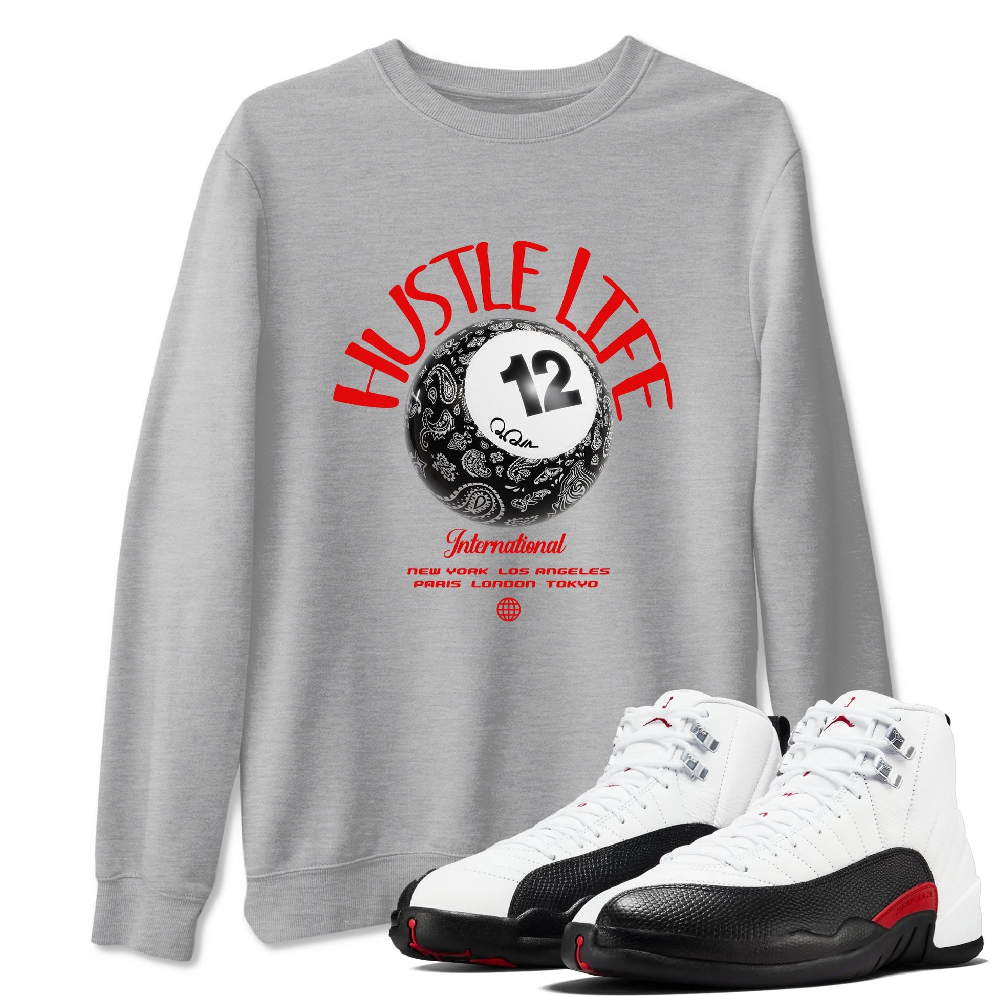 12s Taxi Flip shirts to match jordans Hustle Life sneaker match tees Air Jordan 12 Taxi Flip SNRT Sneaker Tees streetwear brand Heather Grey 1 unisex cotton tee