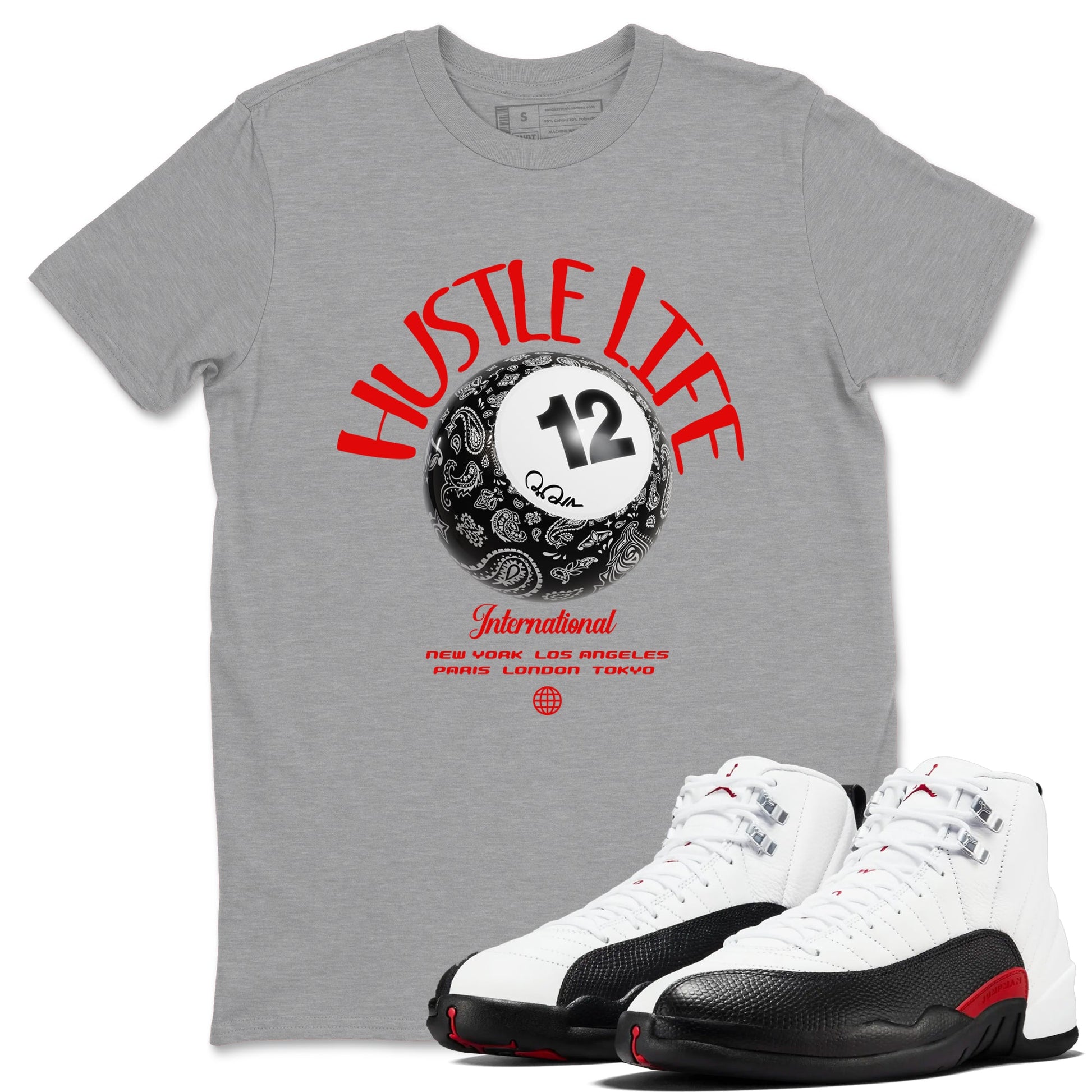 12s Taxi Flip shirts to match jordans Hustle Life sneaker match tees Air Jordan 12 Taxi Flip SNRT Sneaker Tees streetwear brand Heather Grey 1 unisex cotton tee