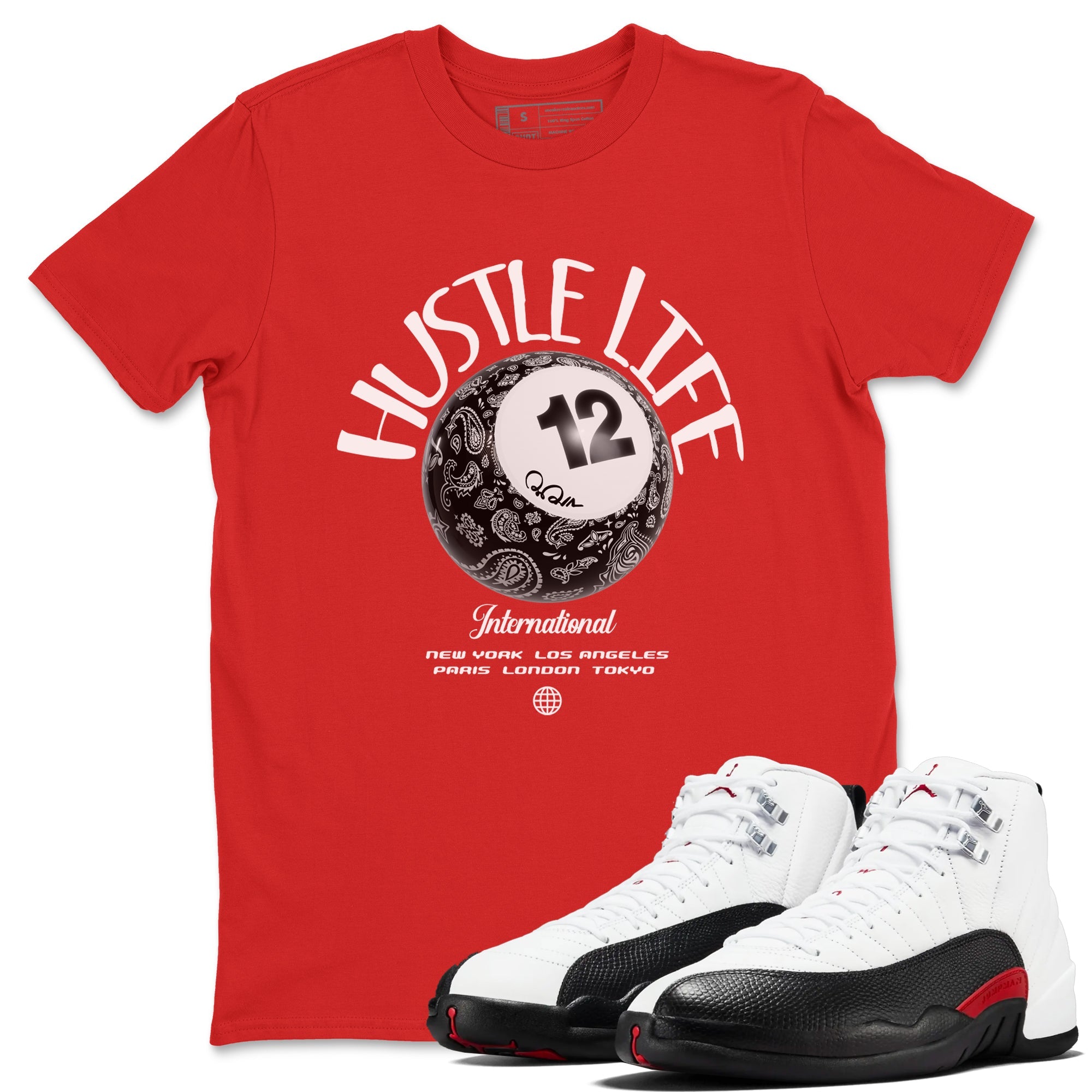 12s Taxi Flip shirts to match jordans Hustle Life sneaker match tees Air Jordan 12 Taxi Flip SNRT Sneaker Tees streetwear brand Red 1 unisex cotton tee