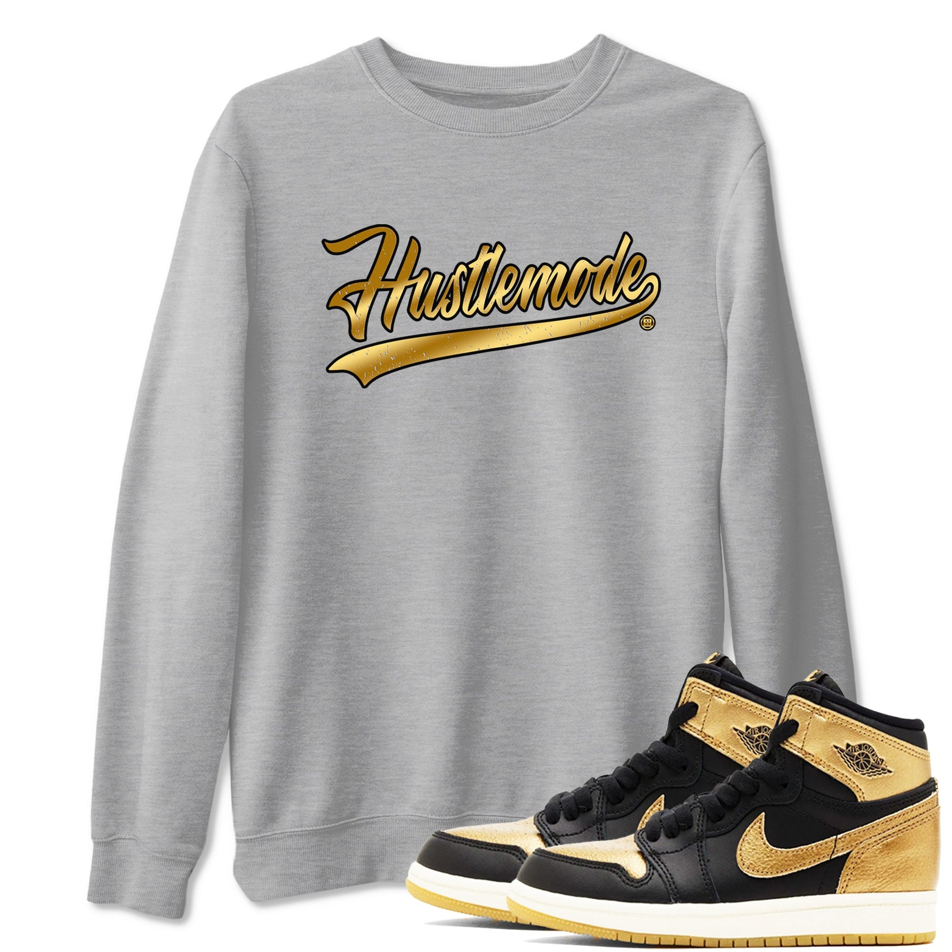 Air Jordan 1 High OG Black Metallic Gold shirts to match jordans Hustle Mode sneaker match tees Air Jordan 1 Retrp Black Metallic Gold Sneaker Shirts SNRT Sneaker Tees streetwear brand Heather Grey 1 unisex cotton tee