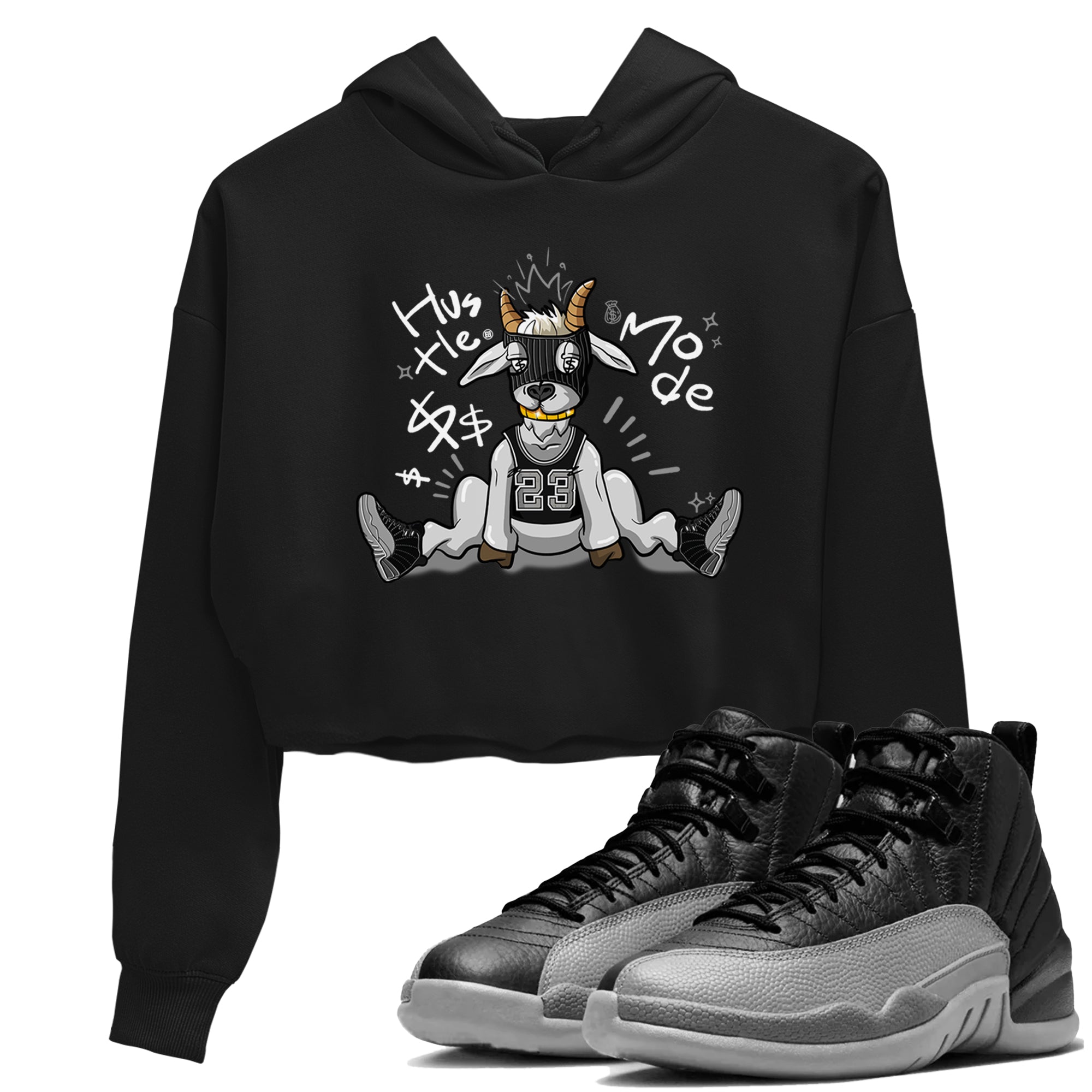 12s Black Wolf Grey shirts to match jordans Hustle Mode sneaker match tees Air Jordan 12 Black Wolf Grey match shoes to clothes SNRT Sneaker Tees unisex cotton Black 1 crop tee