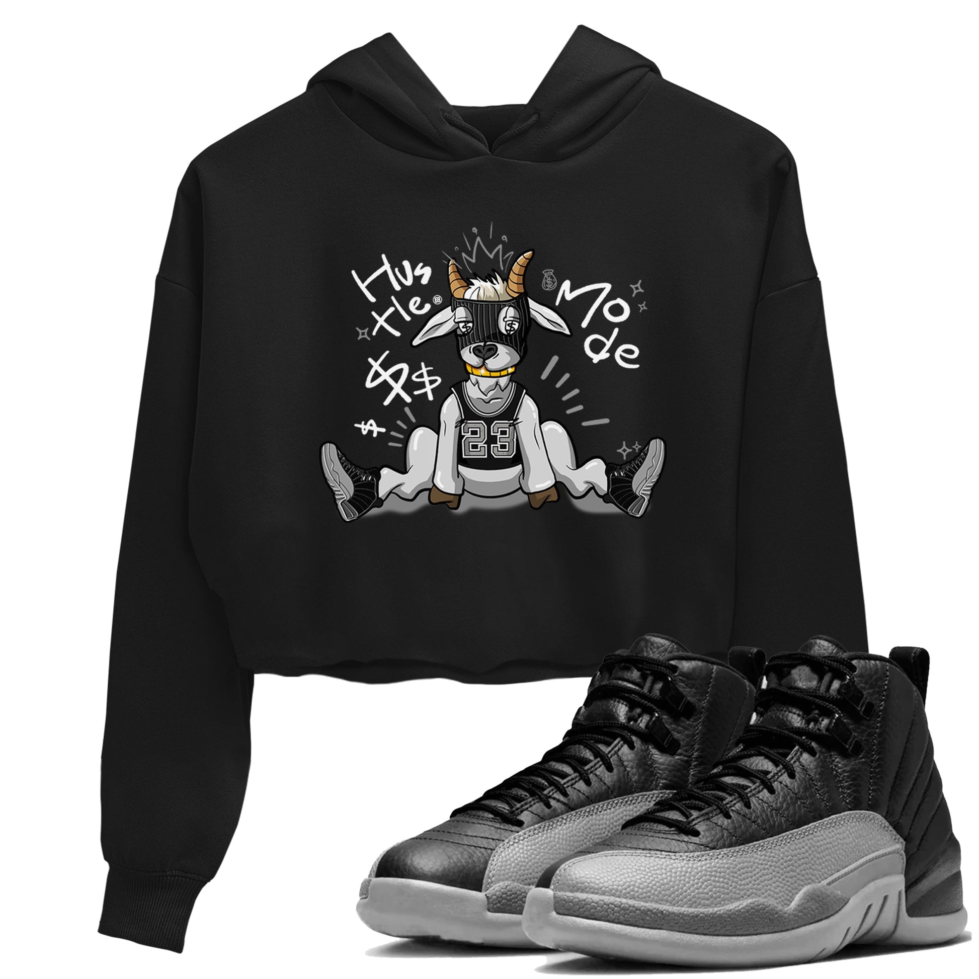 12s Black Wolf Grey shirts to match jordans Hustle Mode sneaker match tees Air Jordan 12 Black Wolf Grey match shoes to clothes SNRT Sneaker Tees unisex cotton Black 1 crop tee