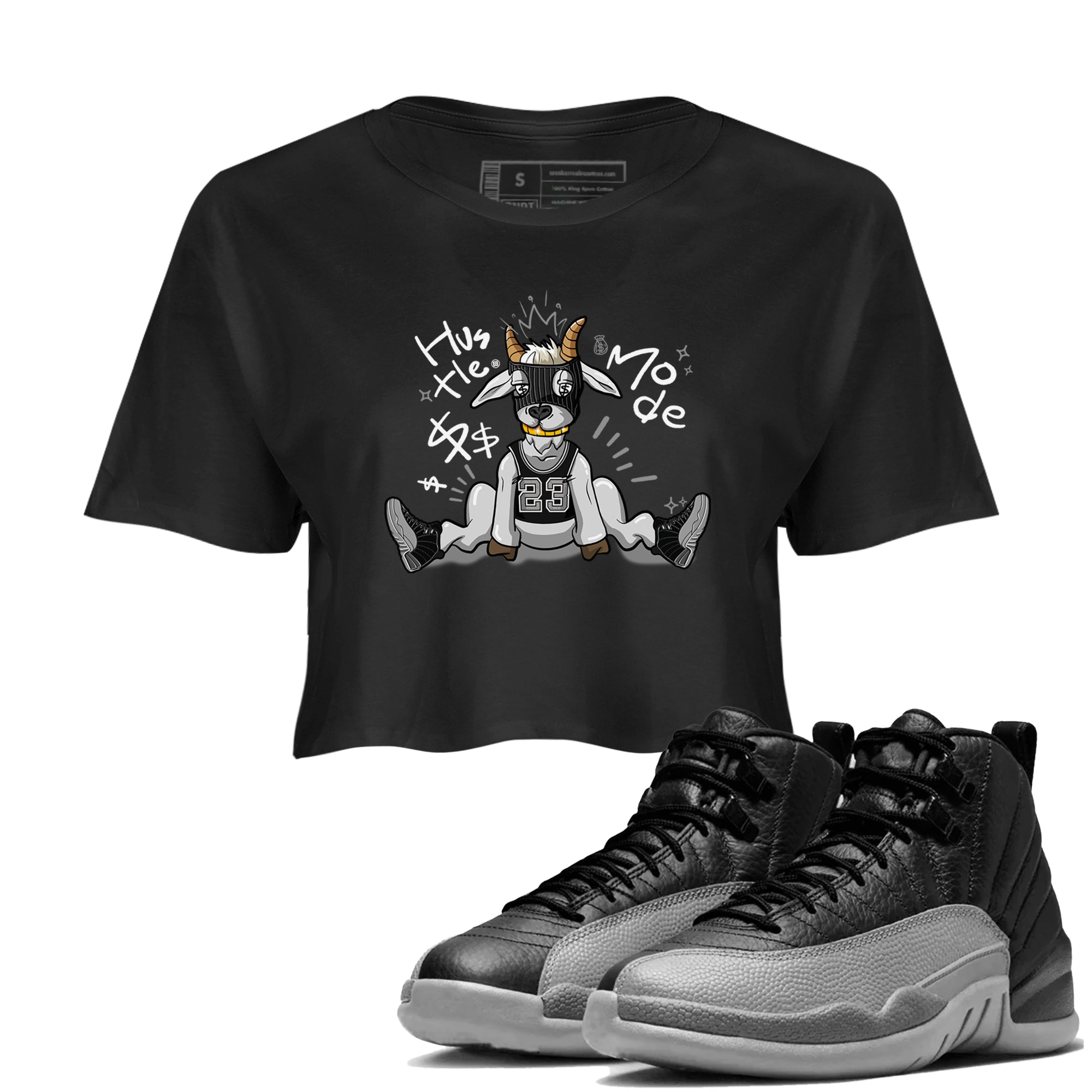 12s Black Wolf Grey shirts to match jordans Hustle Mode sneaker match tees Air Jordan 12 Black Wolf Grey match shoes to clothes SNRT Sneaker Tees unisex cotton Black 1 crop tee