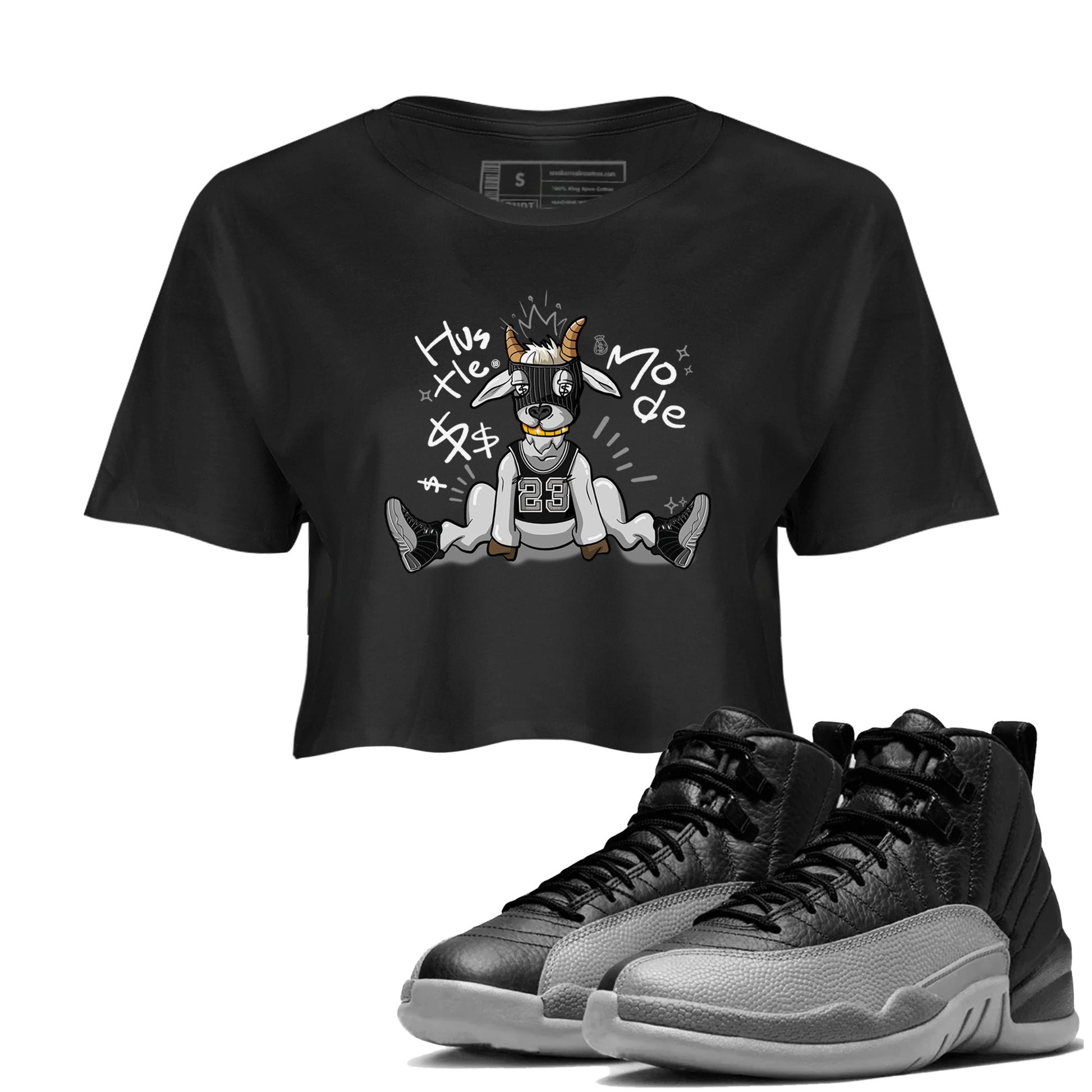 12s Black Wolf Grey shirts to match jordans Hustle Mode sneaker match tees Air Jordan 12 Black Wolf Grey match shoes to clothes SNRT Sneaker Tees unisex cotton Black 1 crop tee