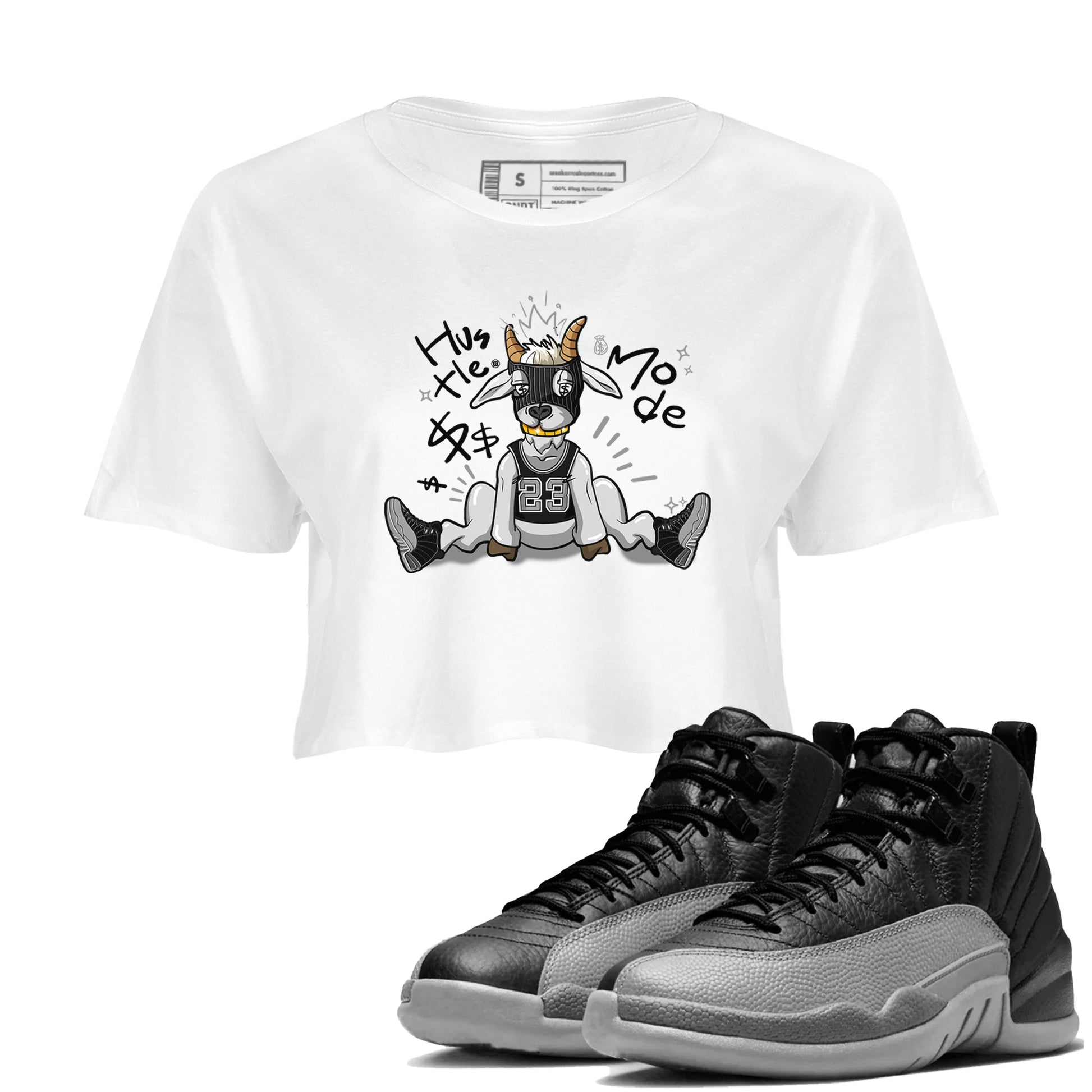 12s Black Wolf Grey shirts to match jordans Hustle Mode sneaker match tees Air Jordan 12 Black Wolf Grey match shoes to clothes SNRT Sneaker Tees unisex cotton White 1 crop tee