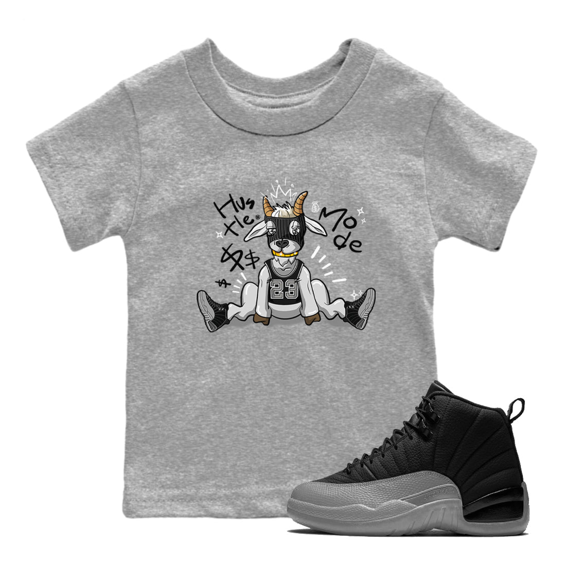 12s Black Wolf Grey shirts to match jordans Hustle Mode sneaker match tees Air Jordan 12 Black Wolf Grey match shoes to clothes SNRT Sneaker Tees Youth Baby Heather Grey 1 tee