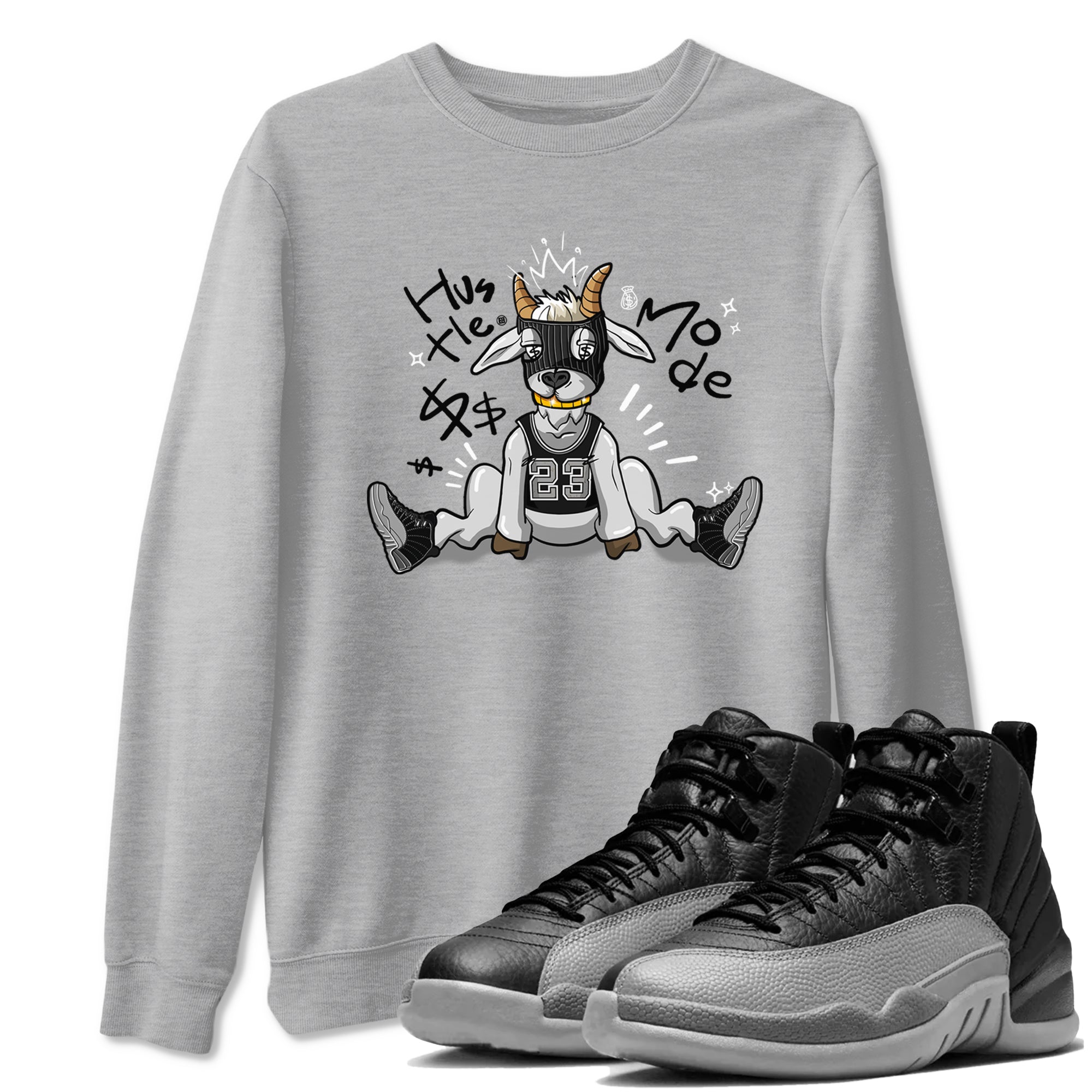 12s Black Wolf Grey shirts to match jordans Hustle Mode sneaker match tees Air Jordan 12 Black Wolf Grey match shoes to clothes SNRT Sneaker Tees unisex cotton Heather Grey 1 shirts