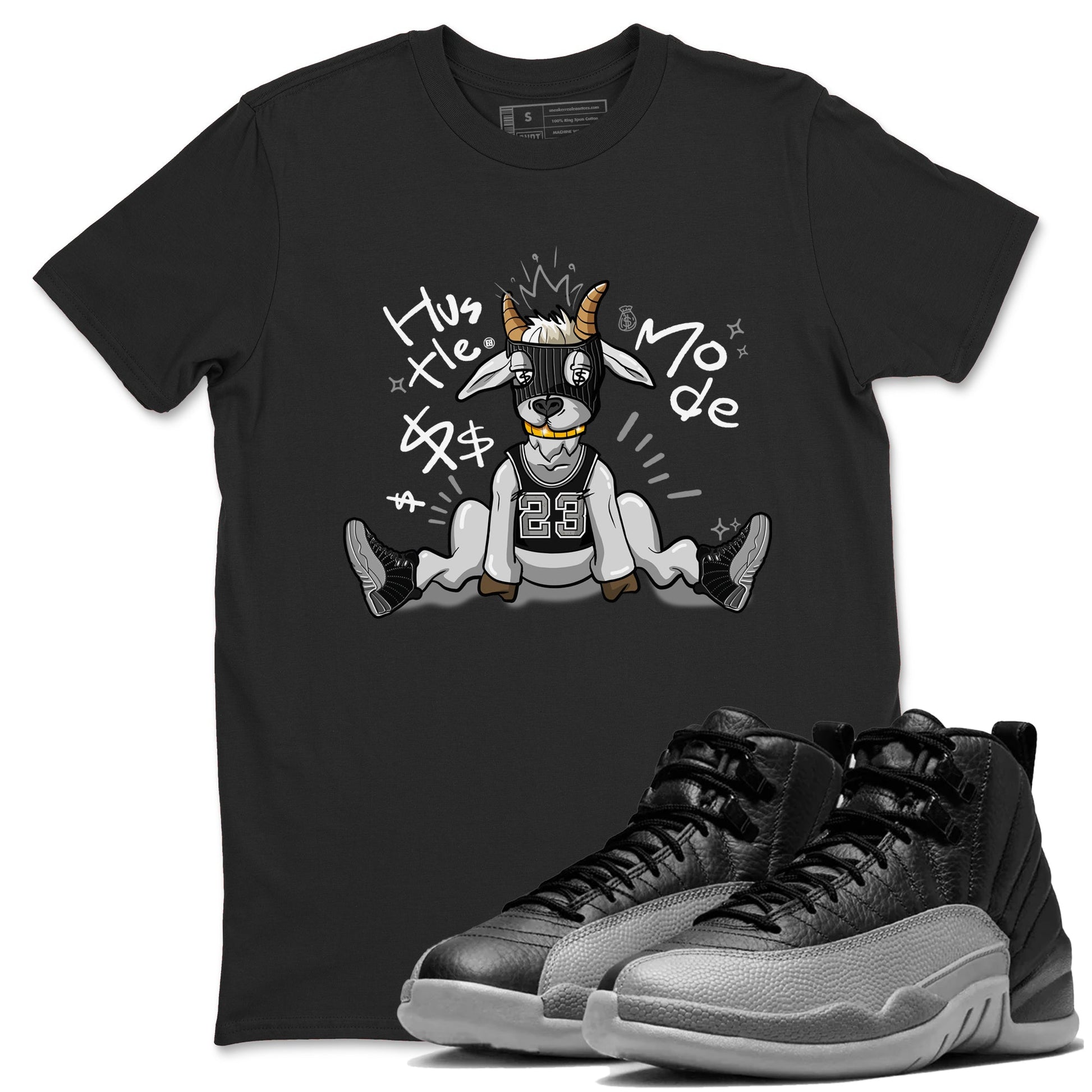 12s Black Wolf Grey shirts to match jordans Hustle Mode sneaker match tees Air Jordan 12 Black Wolf Grey match shoes to clothes SNRT Sneaker Tees unisex cotton Black 1 shirts