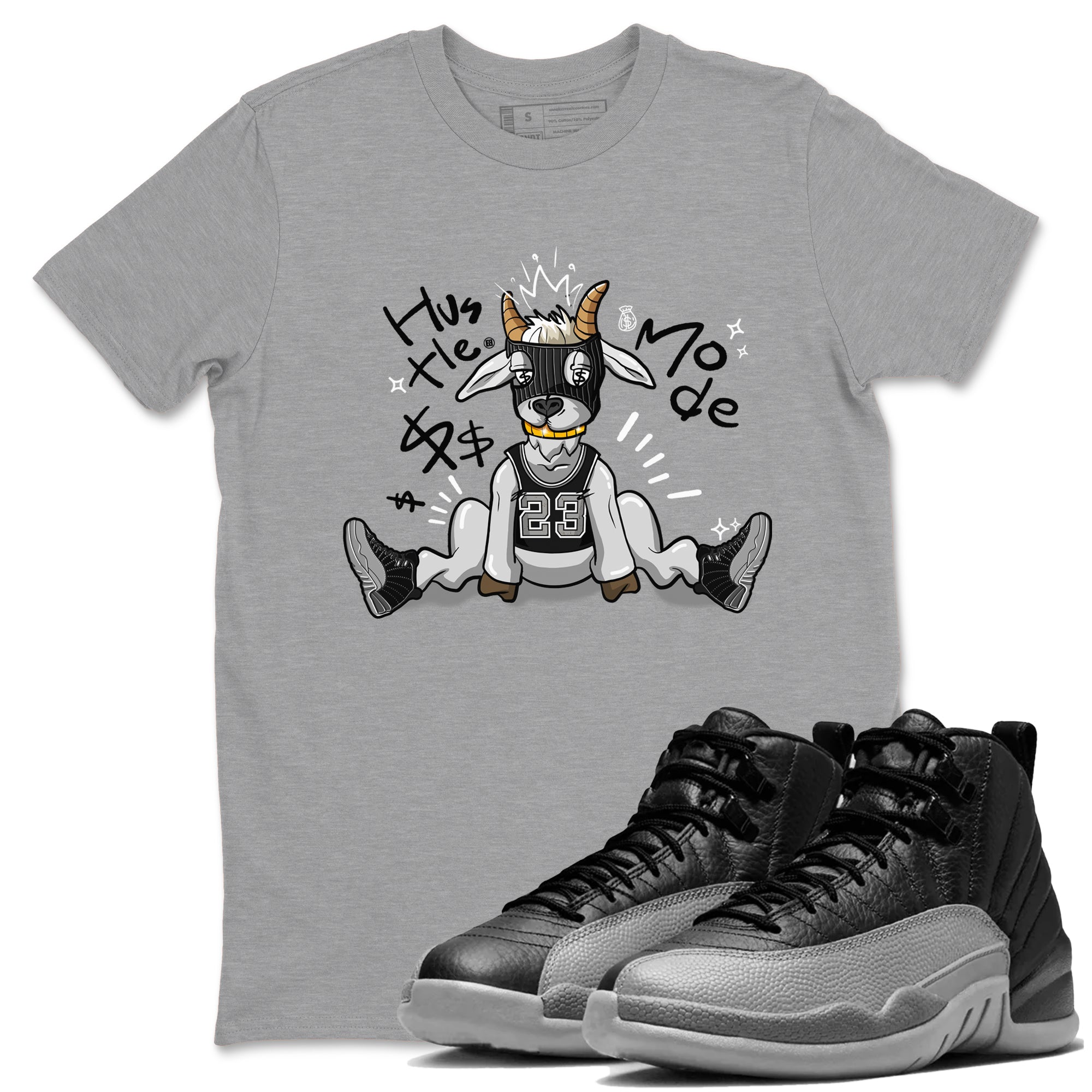 12s Black Wolf Grey shirts to match jordans Hustle Mode sneaker match tees Air Jordan 12 Black Wolf Grey match shoes to clothes SNRT Sneaker Tees unisex cotton Heather Grey 1 shirts