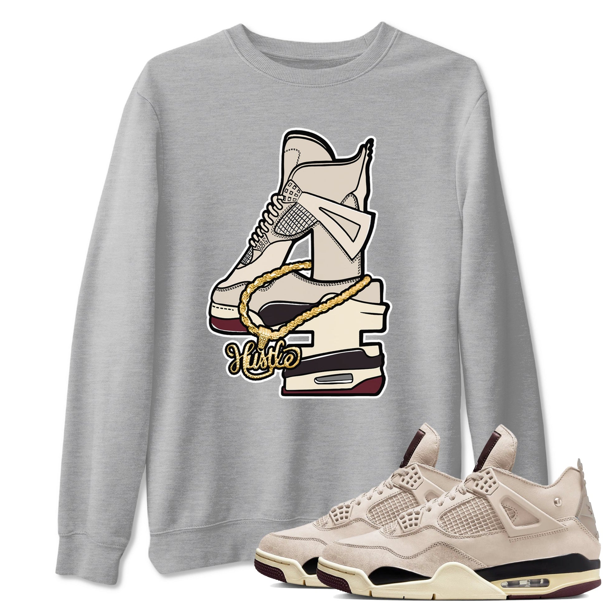 4s A Ma Maniere x Fossil Stone shirts to match jordans Hustle Number 4 sneaker match tees A Ma Maniere x Air Jordan 4 Fossil Stone SNRTSneaker Release Tees unisex cotton Heather Grey 1 crew neck shirts