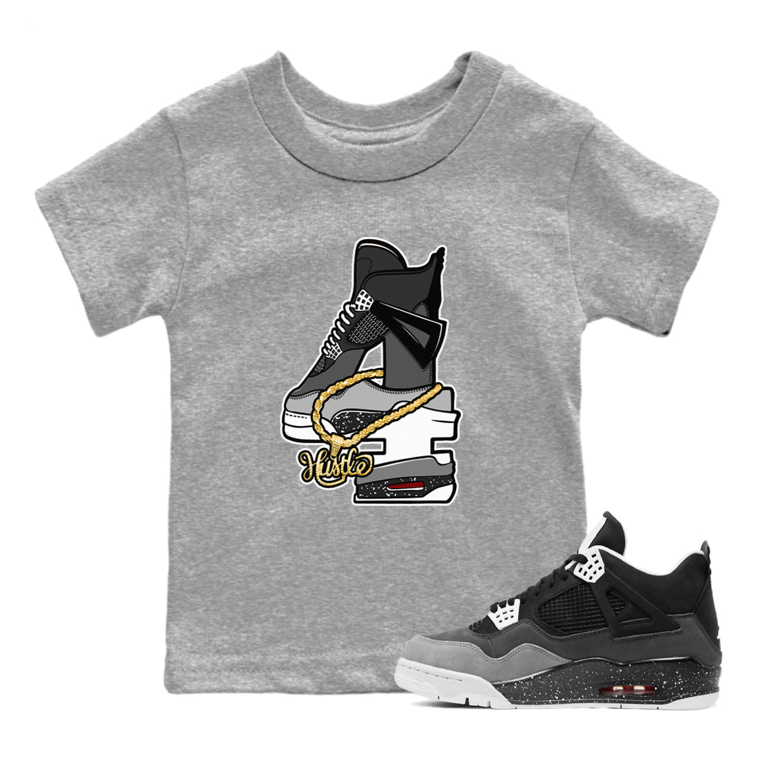 4s Fear shirts to match jordans Hustle Number 4 sneaker match tees Air Jordan 4 Fear SNRT Sneaker Release Tees Youth Baby Heather Grey 1 crew neck shirts