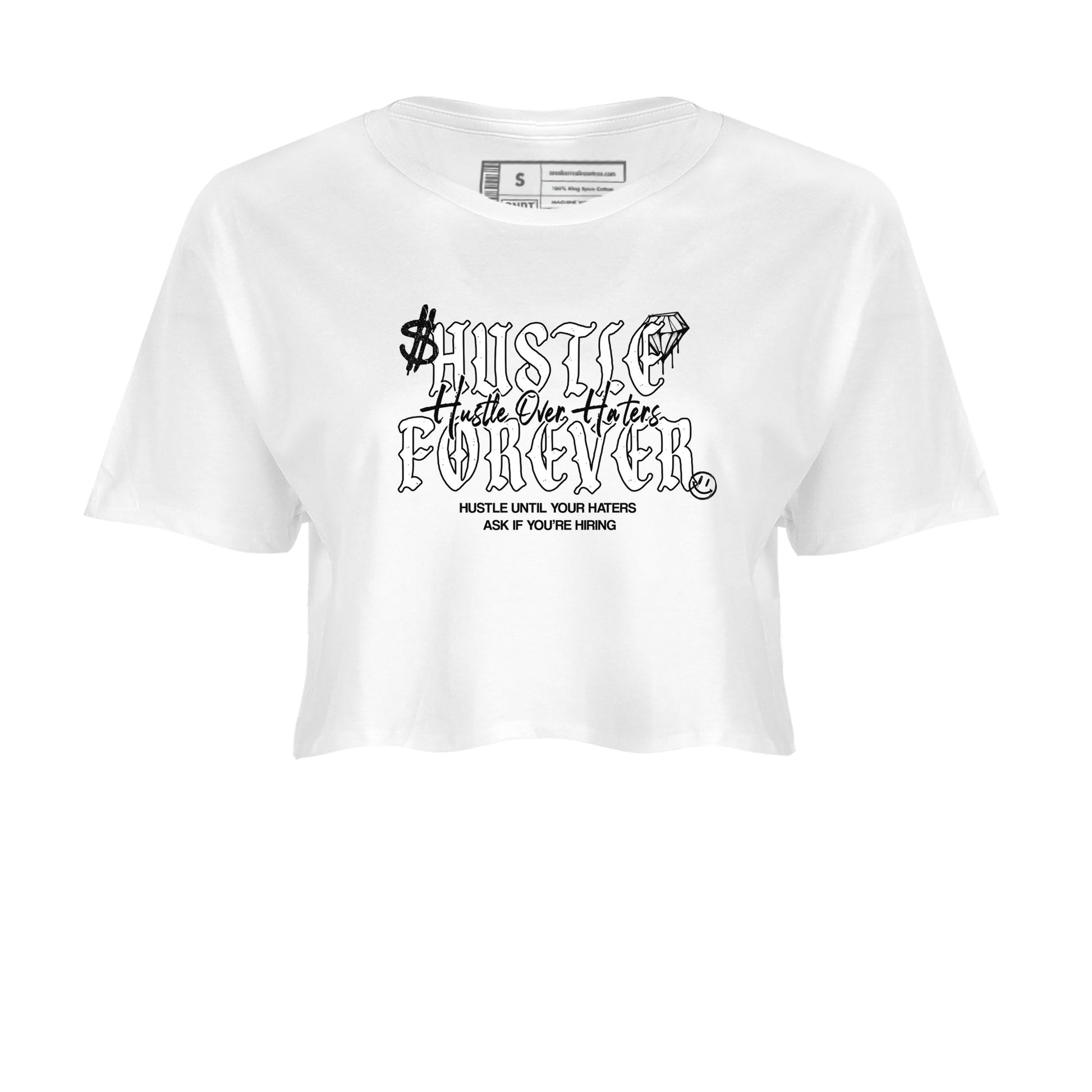 Hustle Over Haters womens crop tee made to vibe with the Air Foamposite One Triple White sneakers — the perfect match in White 2.