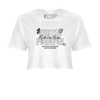 Hustle Over Haters womens crop tee made to vibe with the Air Foamposite One Triple White sneakers — the perfect match in White 2.