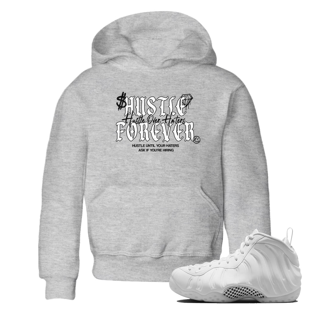 Hustle Over Haters baby and kids t-shirt crafted for little sneakerheads to shine with the Air Foamposite One Triple White sneakers, displayed in Heather Grey 1.