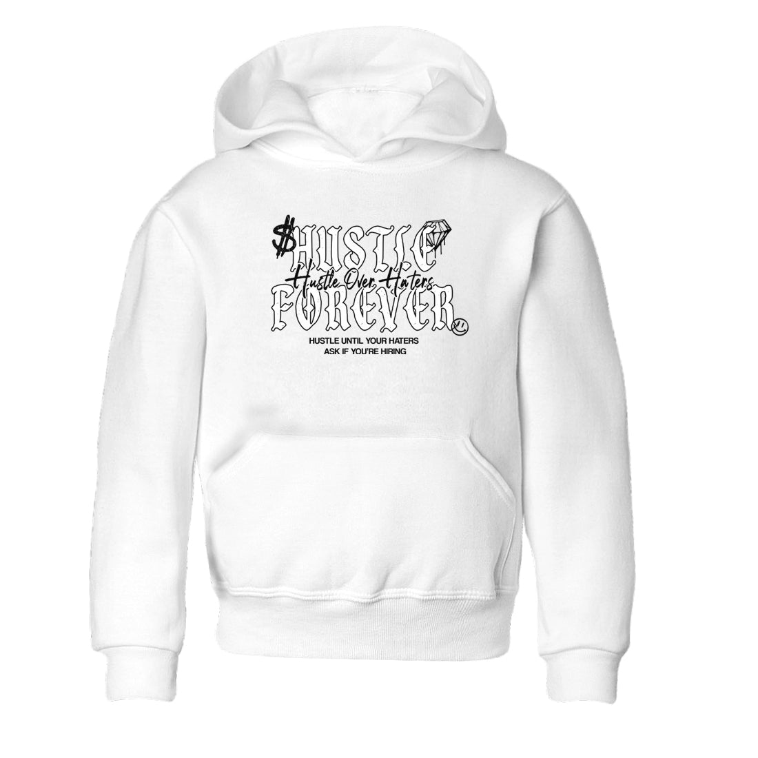Hustle Over Haters baby and kids t-shirt crafted for little sneakerheads to shine with the Air Foamposite One Triple White sneakers, displayed in White 2.