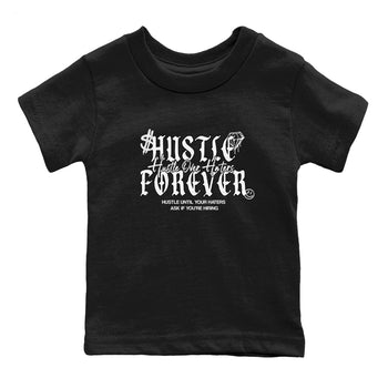 Hustle Over Haters baby and kids t-shirt crafted for little sneakerheads to shine with the Air Foamposite One Triple White sneakers, displayed in Black 2.