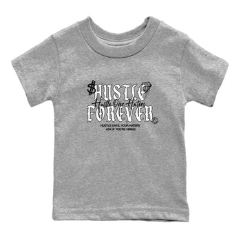 Hustle Over Haters baby and kids t-shirt crafted for little sneakerheads to shine with the Air Foamposite One Triple White sneakers, displayed in Heather Grey 2.