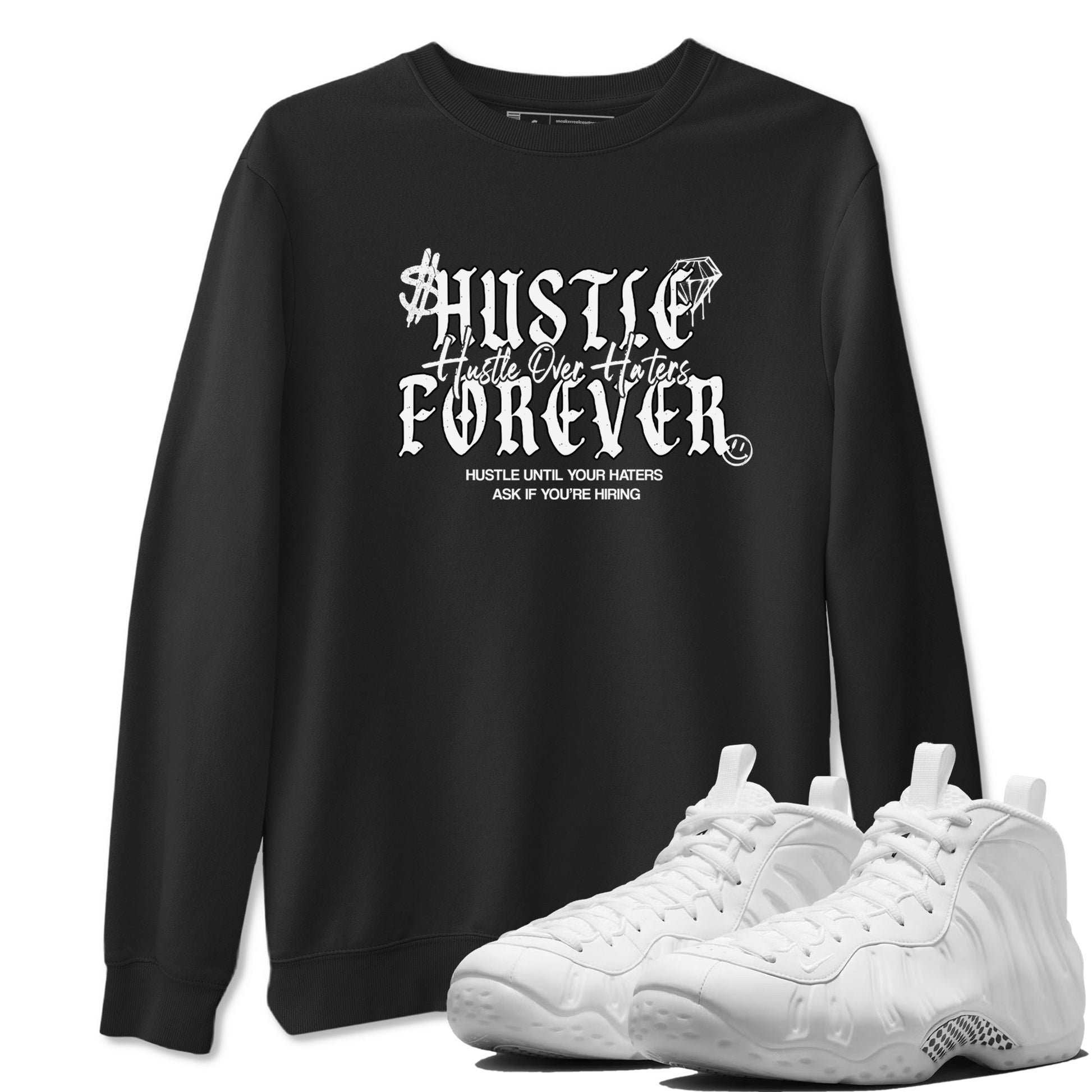Hustle Over Haters sneaker match t-shirt styled to complete your fit with the Air Foamposite One Triple White sneakers, shown in Black 1.