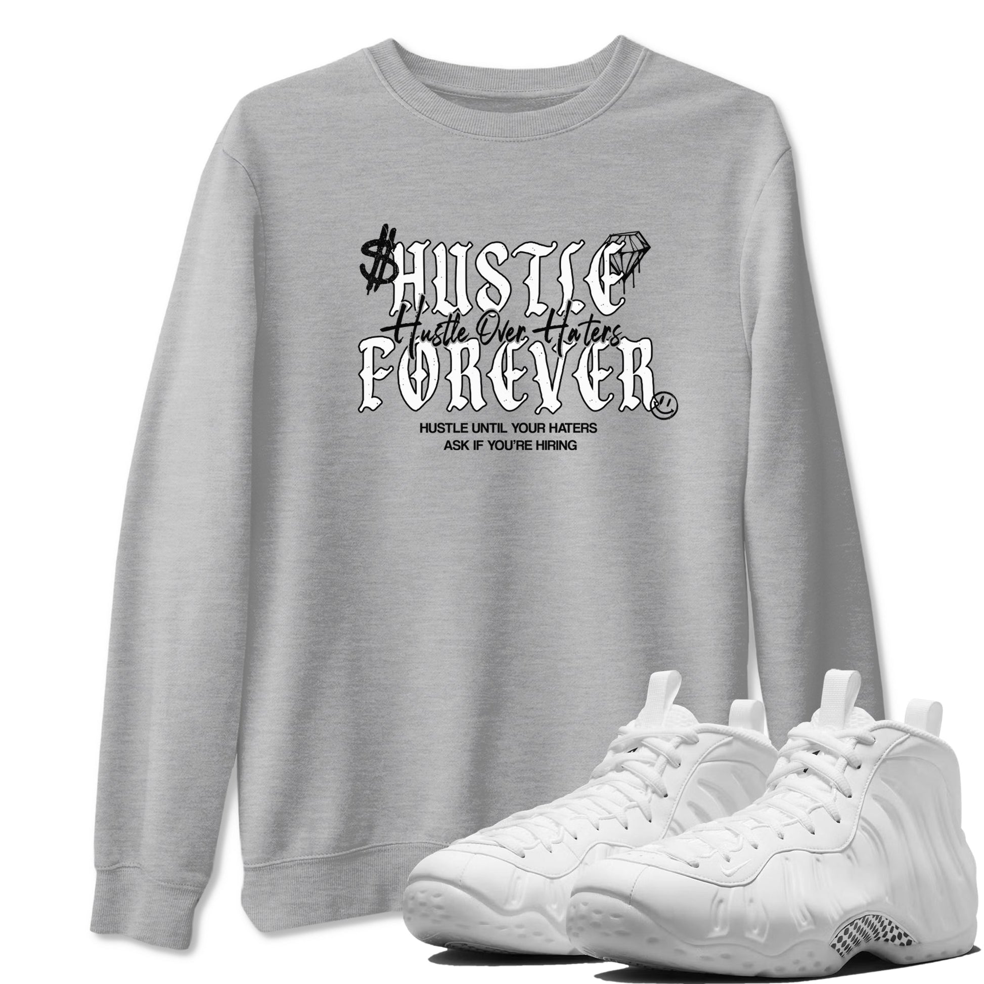 Hustle Over Haters sneaker match t-shirt styled to complete your fit with the Air Foamposite One Triple White sneakers, shown in Heather Grey 1.