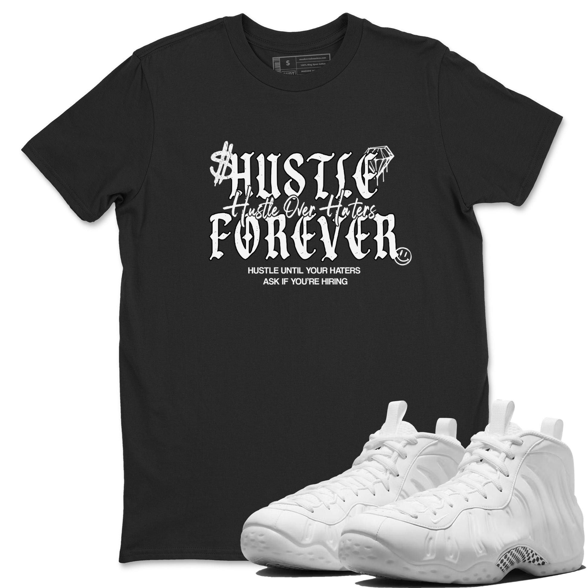Hustle Over Haters sneaker match t-shirt styled to complete your fit with the Air Foamposite One Triple White sneakers, shown in Black 1.
