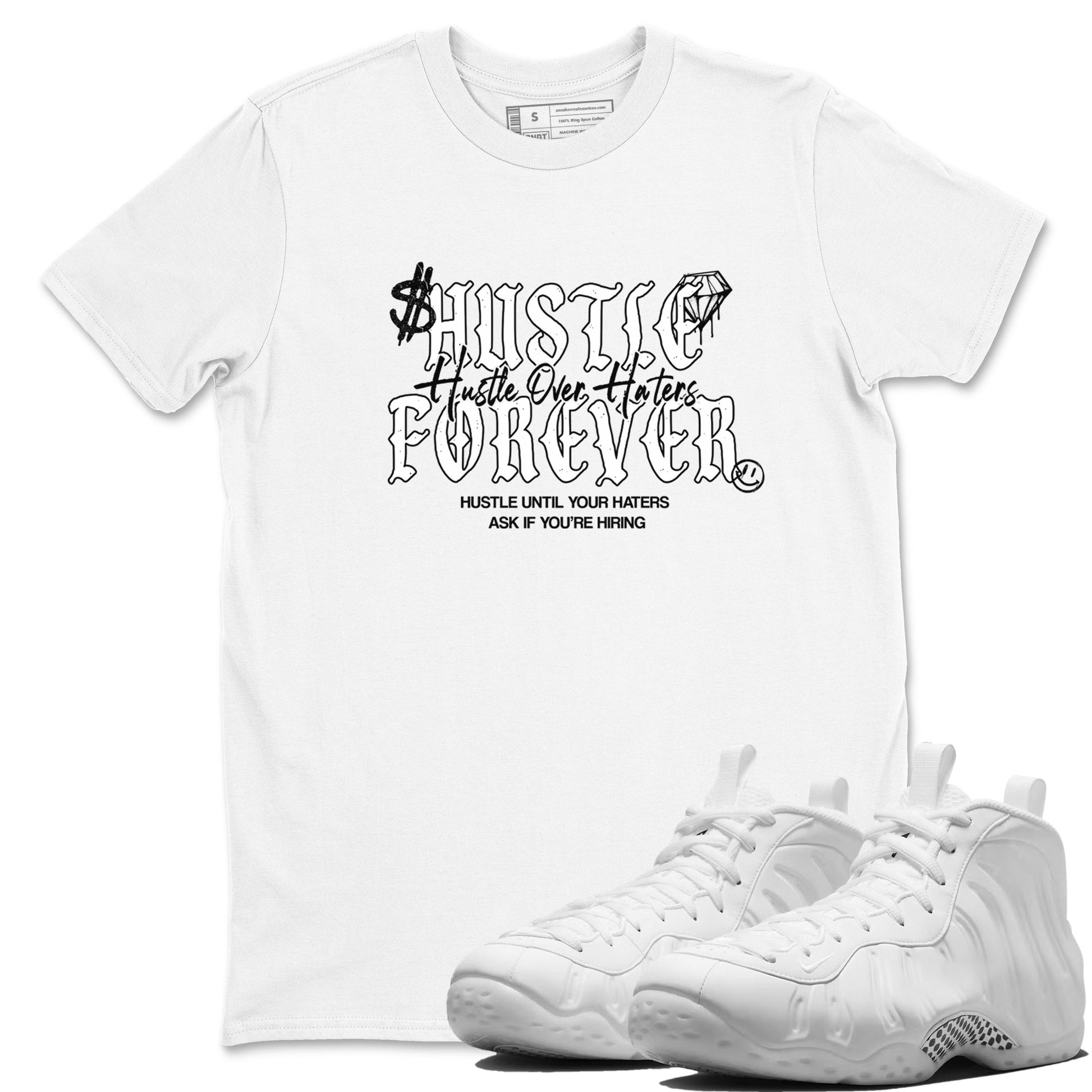 Hustle Over Haters sneaker match t-shirt styled to complete your fit with the Air Foamposite One Triple White sneakers, shown in White 1.