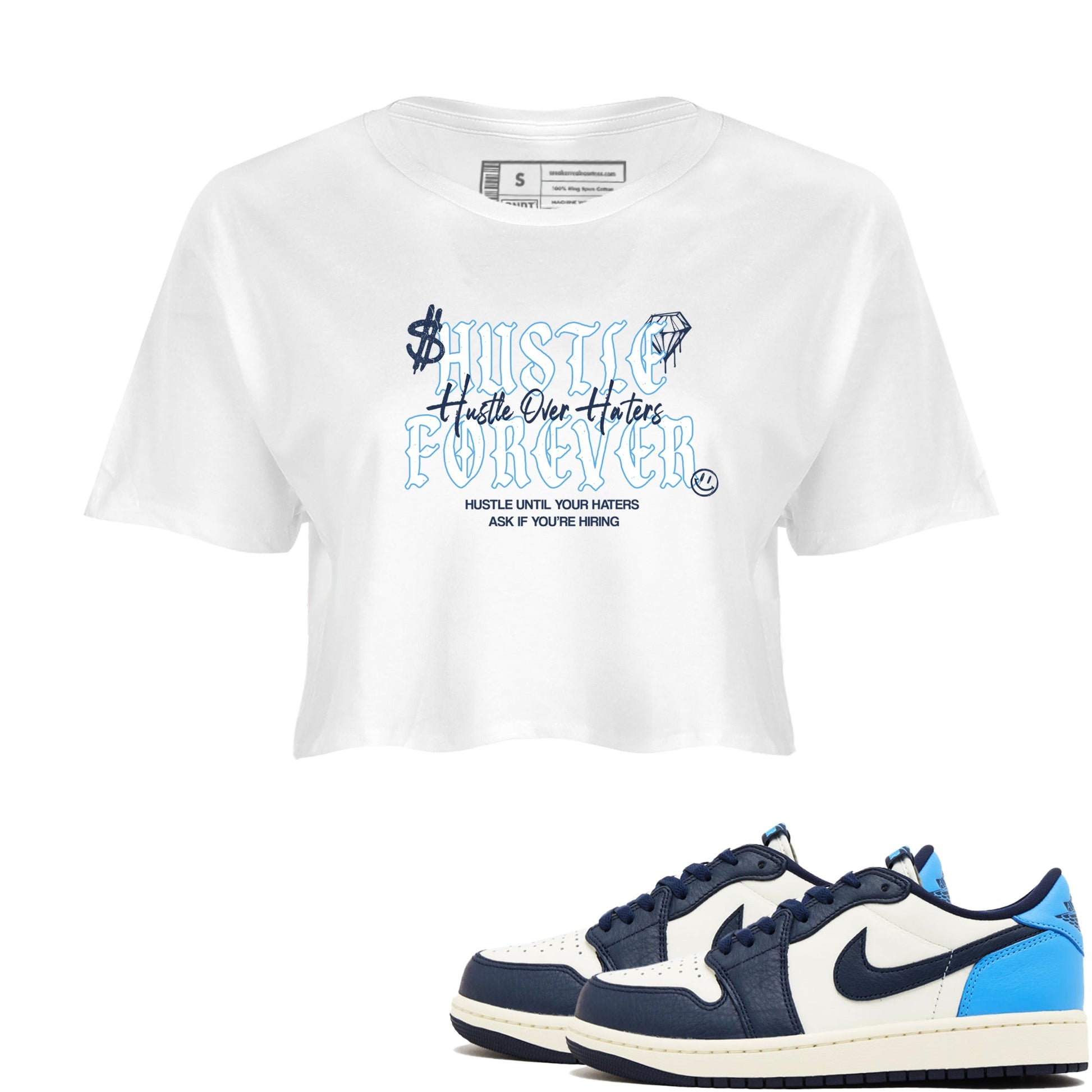 1s Obsidian shirts to match jordans Hustle Over Haters shirts to match Jordans AJ1 Retro Low OG Obsidian match shoes to clothes SNRT Sneaker Tees unisex cotton White 1 crop tee