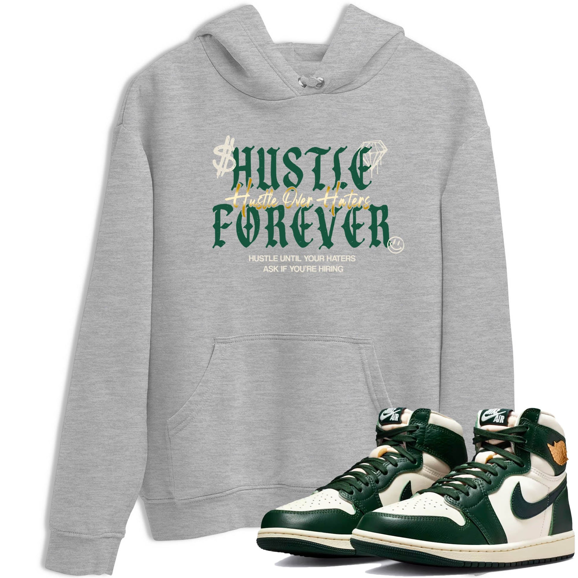 Sneaker Threads – Sneaker Tees To Match Air Jordan 1 Pro Green – Hustle Over haters Graphic Tee Heather Grey 1. Perfect for Jordan releases 2025 colorways.