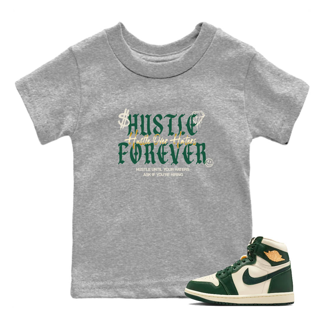 Sneaker Threads – Sneaker Tees To Match Air Jordan 1 Pro Green – Hustle Over haters Youth Graphic Tee Heather Grey 1. Perfect for Jordan releases 2025 colorways.