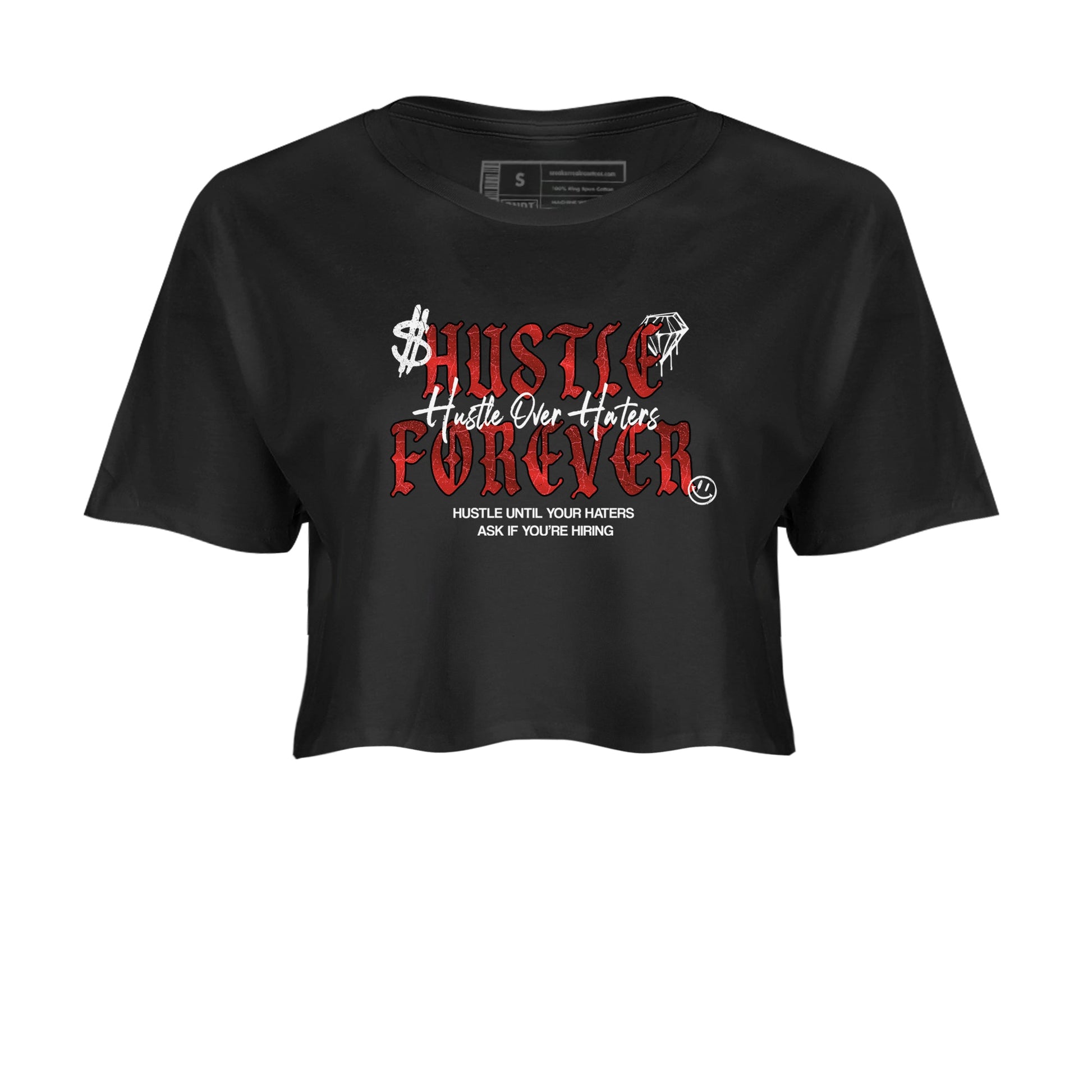 Hustle Over haters womens crop tee made to vibe with the Air Jordan 1 Ruby sneakers — the perfect match in Black 2.