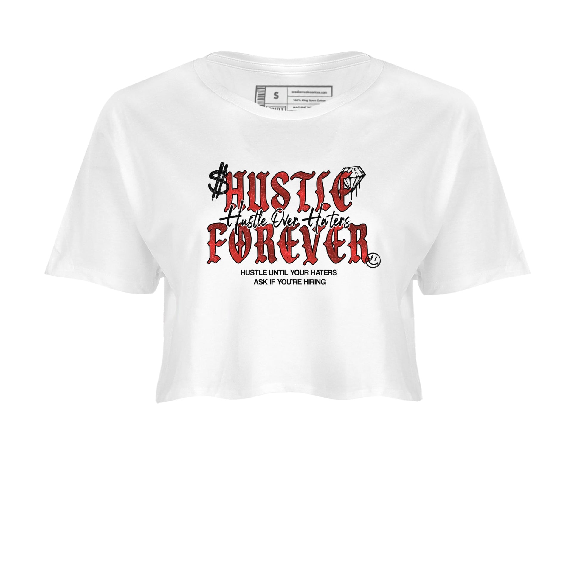 Hustle Over haters womens crop tee made to vibe with the Air Jordan 1 Ruby sneakers — the perfect match in White 2.