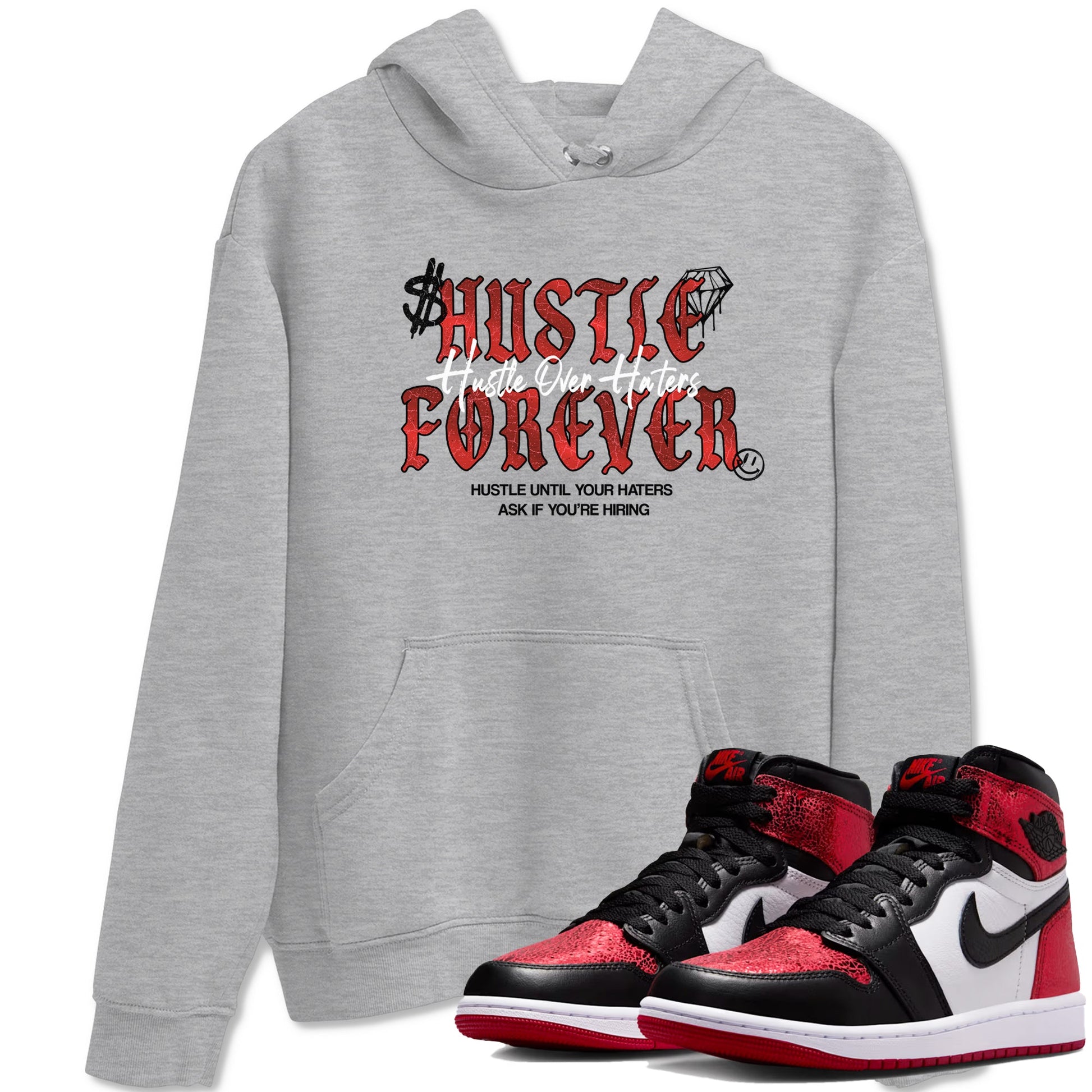 Hustle Over haters sneaker match t-shirt styled to complete your fit with the Air Jordan 1 Ruby sneakers, shown in Heather Grey 1.
