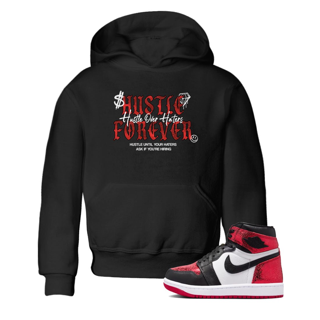 Hustle Over haters baby and kids t-shirt crafted for little sneakerheads to shine with the Air Jordan 1 Ruby sneakers, displayed in Black 1.