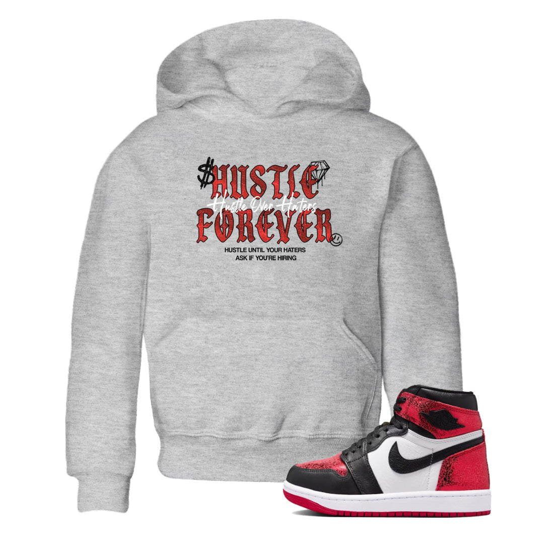 Hustle Over haters baby and kids t-shirt crafted for little sneakerheads to shine with the Air Jordan 1 Ruby sneakers, displayed in Heather Grey 1.