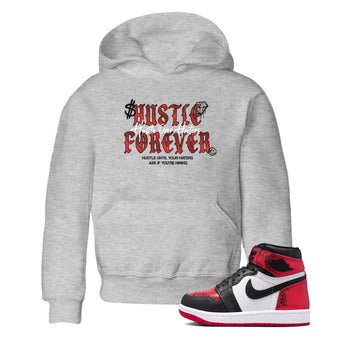Hustle Over haters baby and kids t-shirt crafted for little sneakerheads to shine with the Air Jordan 1 Ruby sneakers, displayed in Heather Grey 1.