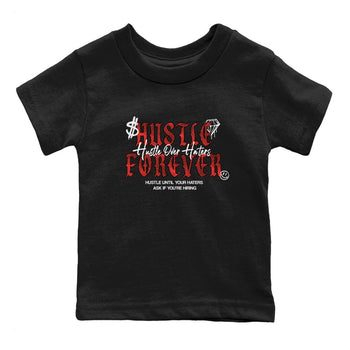 Hustle Over haters baby and kids t-shirt crafted for little sneakerheads to shine with the Air Jordan 1 Ruby sneakers, displayed in Black 2.