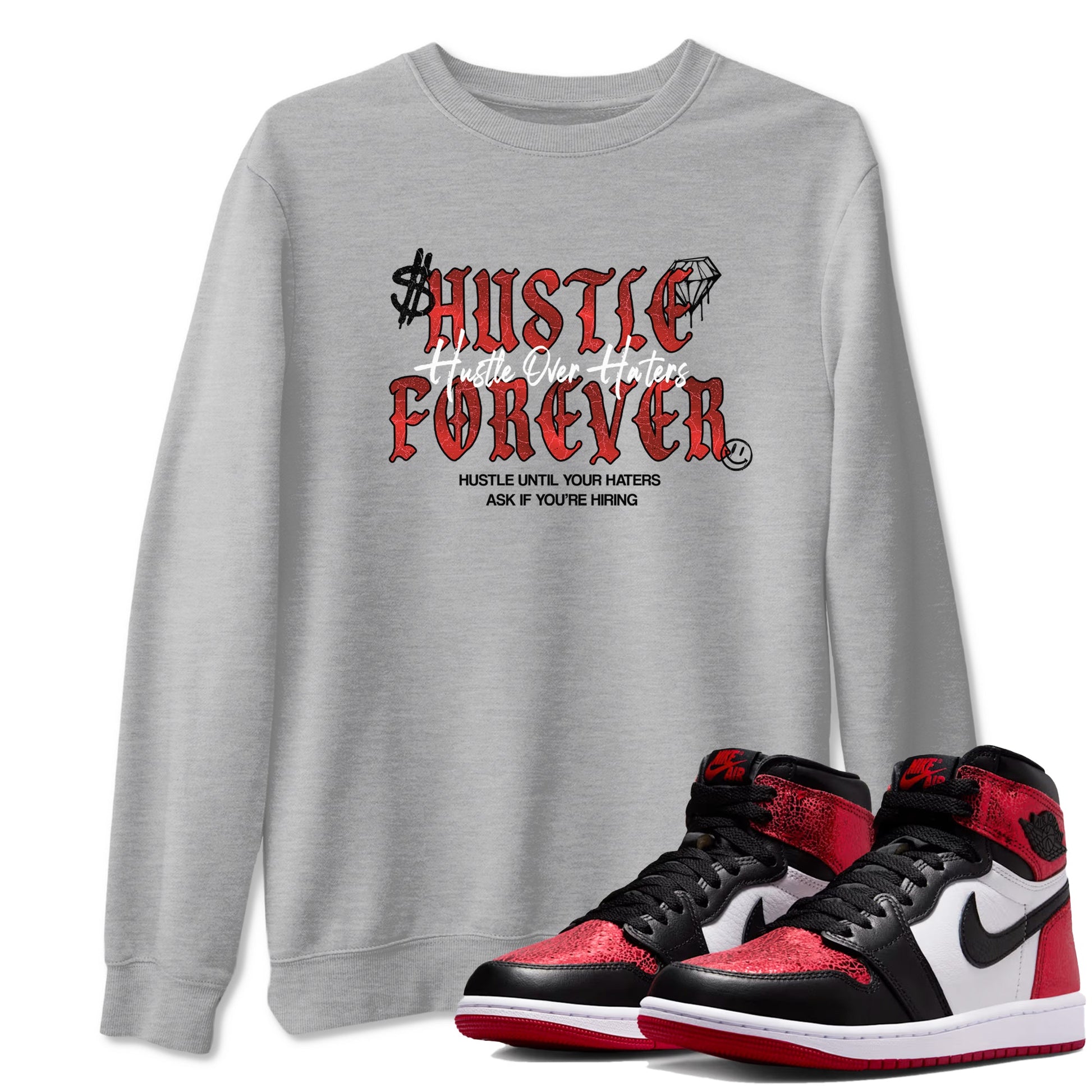 Hustle Over haters sneaker match t-shirt styled to complete your fit with the Air Jordan 1 Ruby sneakers, shown in Heather Grey 1.