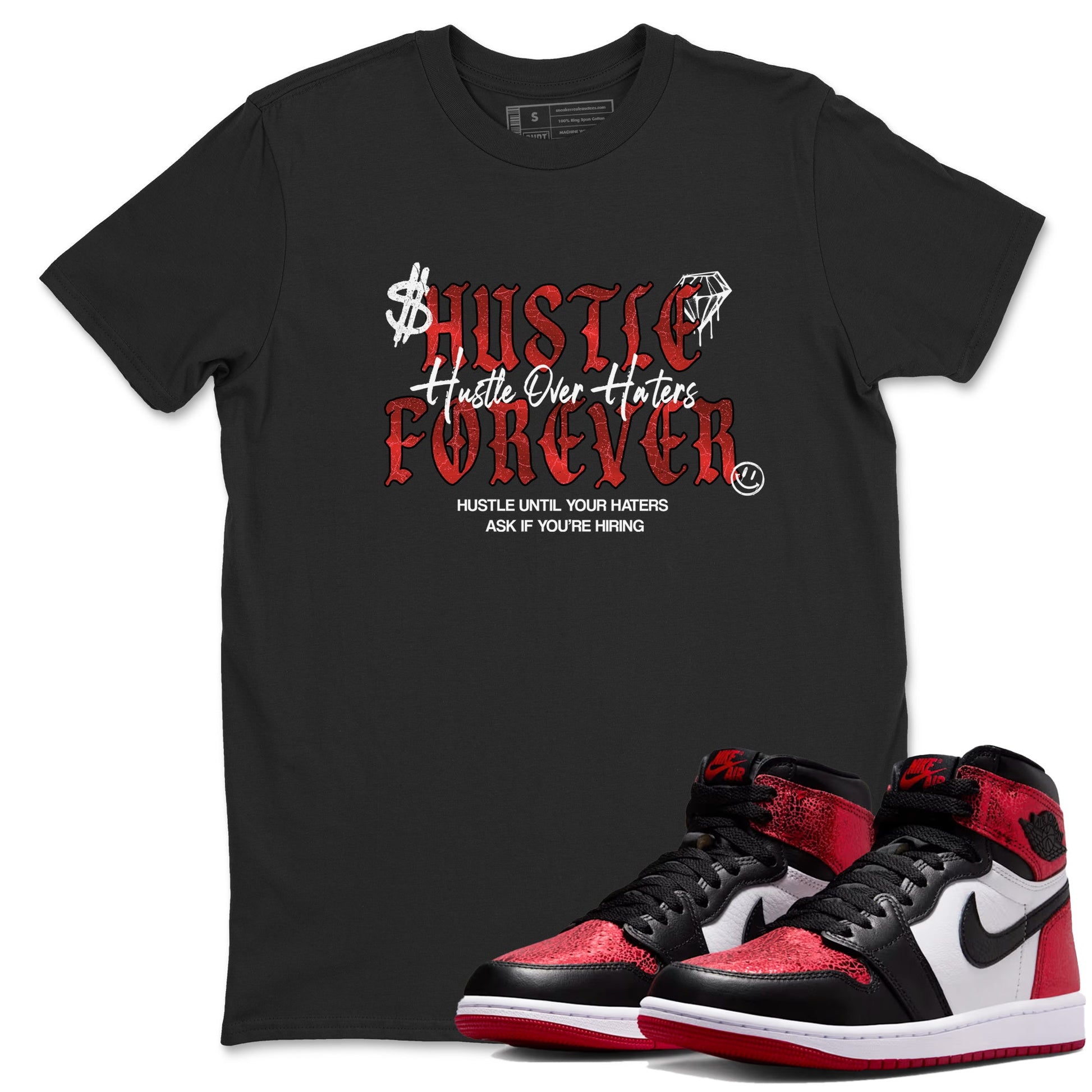 Hustle Over haters sneaker match t-shirt styled to complete your fit with the Air Jordan 1 Ruby sneakers, shown in Black 1.