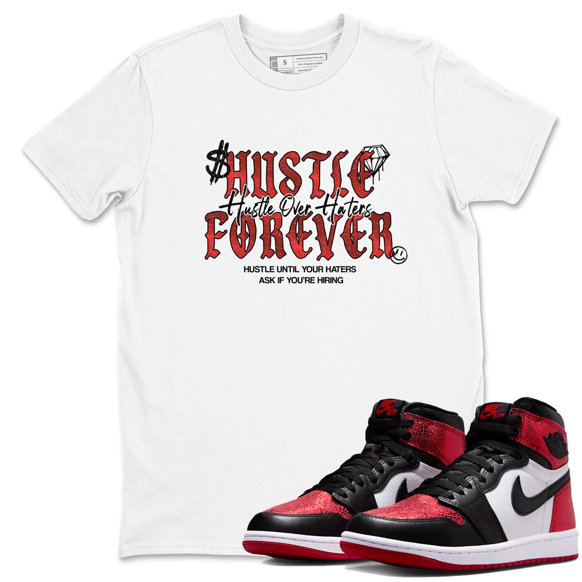 Hustle Over haters sneaker match t-shirt styled to complete your fit with the Air Jordan 1 Ruby sneakers, shown in White 1.