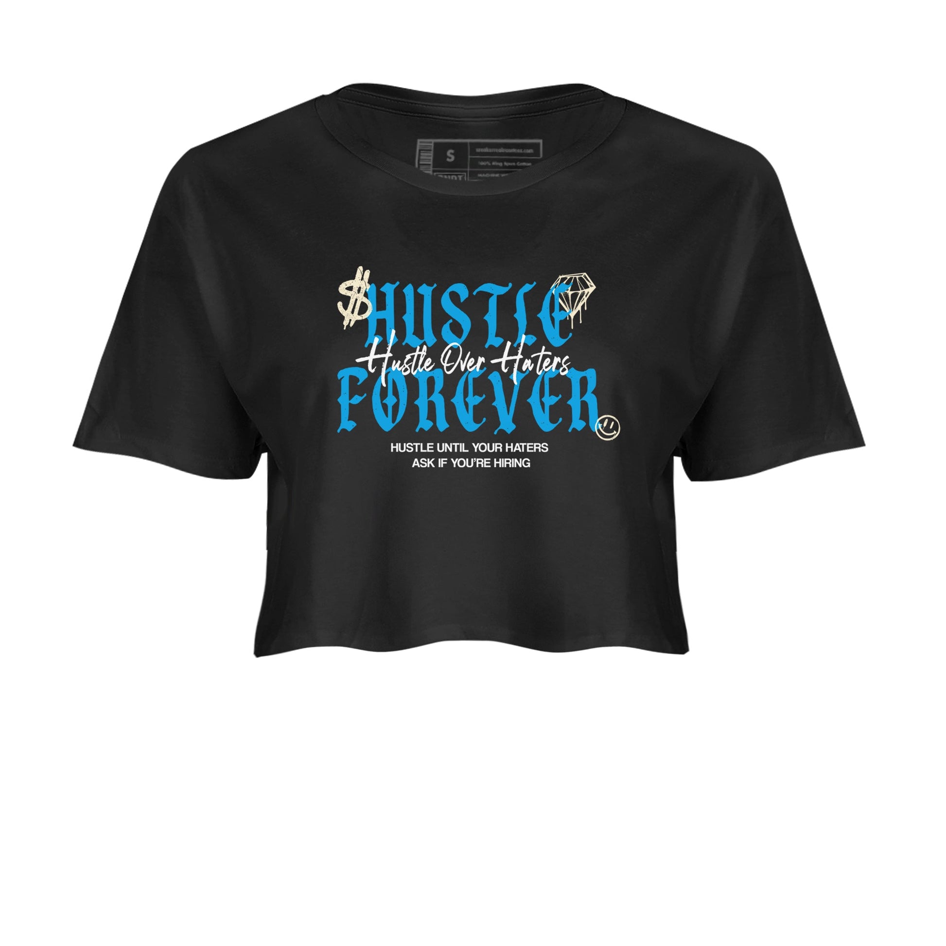 Hustle Over Haters womens crop tee made to vibe with the Air Jordan 1 UNC Reimagined sneakers — the perfect match in Black 2.
