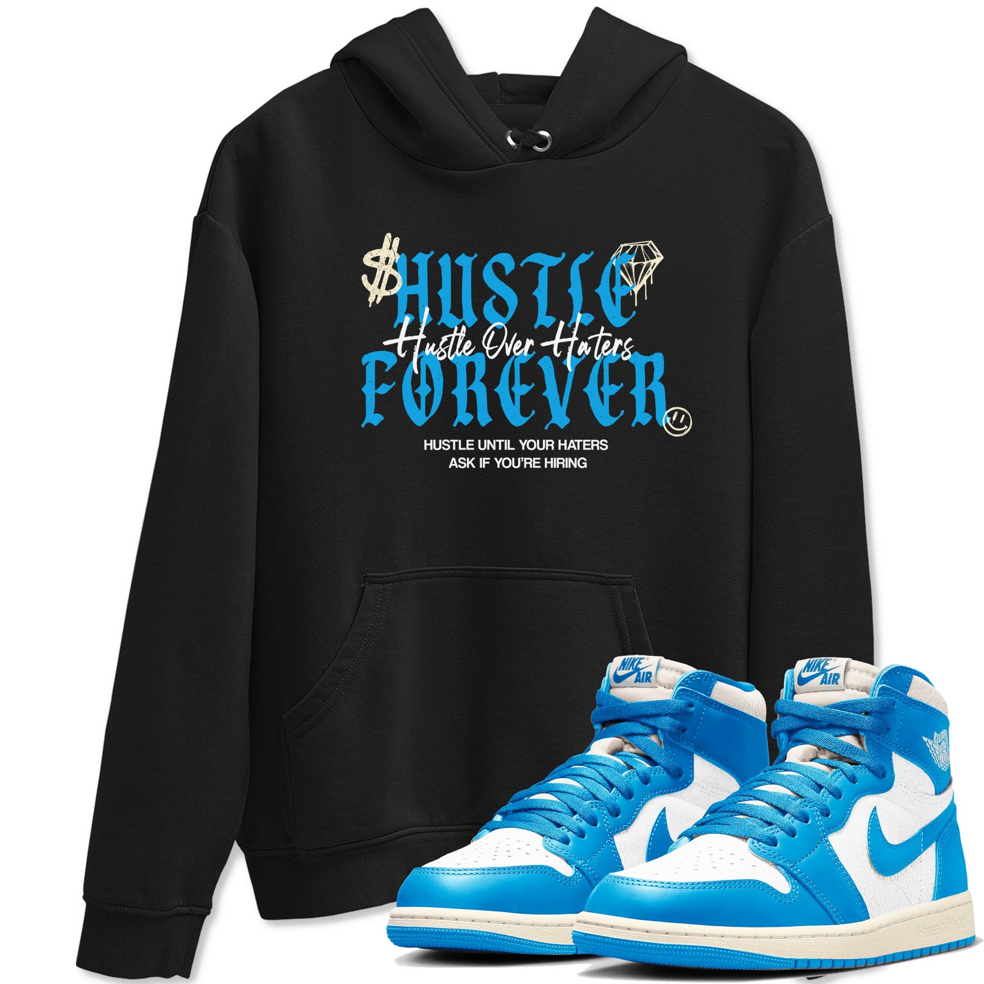 Hustle Over Haters sneaker match t-shirt styled to complete your fit with the Air Jordan 1 UNC Reimagined sneakers, shown in Black 1.