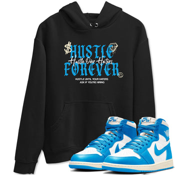 Hustle Over Haters sneaker match t-shirt styled to complete your fit with the Air Jordan 1 UNC Reimagined sneakers, shown in Black 1.