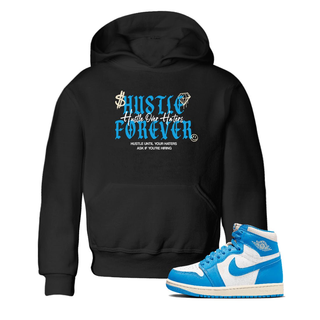 Hustle Over Haters baby and kids t-shirt crafted for little sneakerheads to shine with the Air Jordan 1 UNC Reimagined sneakers, displayed in Black 1.