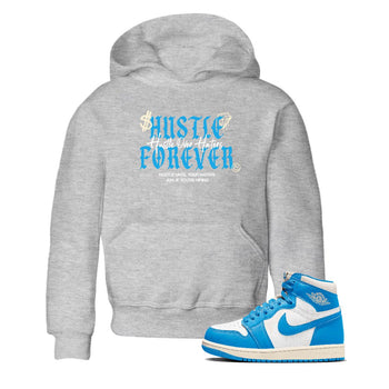 Hustle Over Haters baby and kids t-shirt crafted for little sneakerheads to shine with the Air Jordan 1 UNC Reimagined sneakers, displayed in Heather Grey 1.