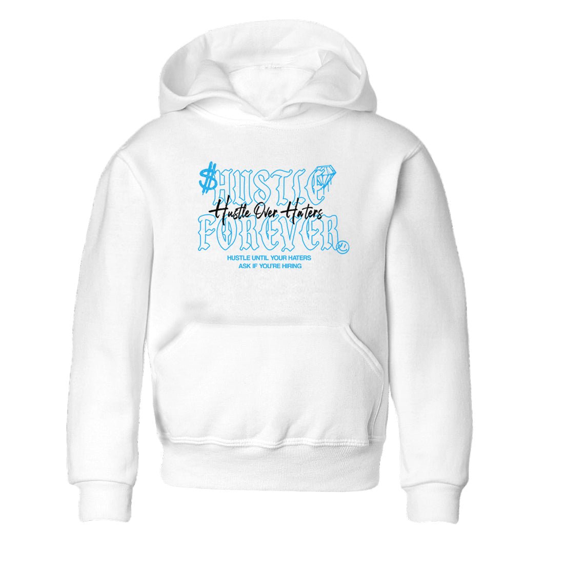 Hustle Over Haters baby and kids t-shirt crafted for little sneakerheads to shine with the Air Jordan 1 UNC Reimagined sneakers, displayed in White 2.