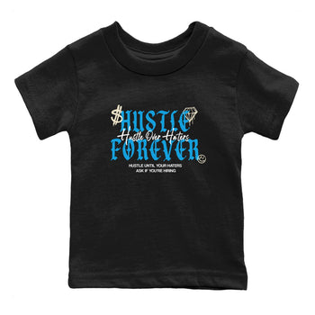 Hustle Over Haters baby and kids t-shirt crafted for little sneakerheads to shine with the Air Jordan 1 UNC Reimagined sneakers, displayed in Black 2.