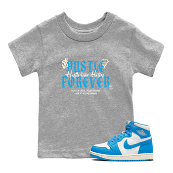 Hustle Over Haters baby and kids t-shirt crafted for little sneakerheads to shine with the Air Jordan 1 UNC Reimagined sneakers, displayed in Heather Grey 1.