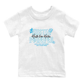 Hustle Over Haters baby and kids t-shirt crafted for little sneakerheads to shine with the Air Jordan 1 UNC Reimagined sneakers, displayed in White 2.