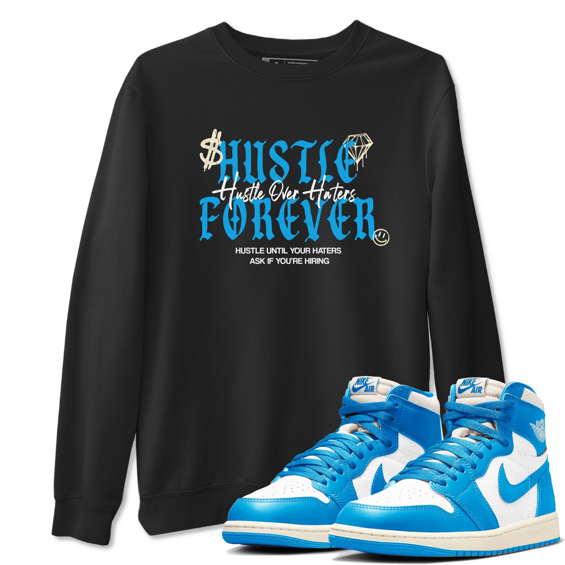 Hustle Over Haters sneaker match t-shirt styled to complete your fit with the Air Jordan 1 UNC Reimagined sneakers, shown in Black 1.